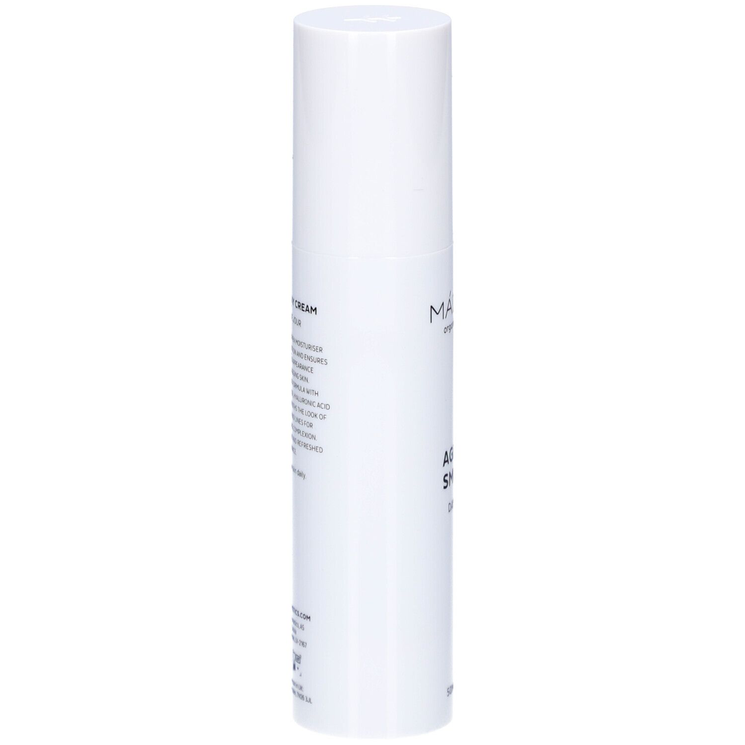 Witte fles Madara Age Pro Smooth. Tekst op de zijkant. Certificeringssymbool.