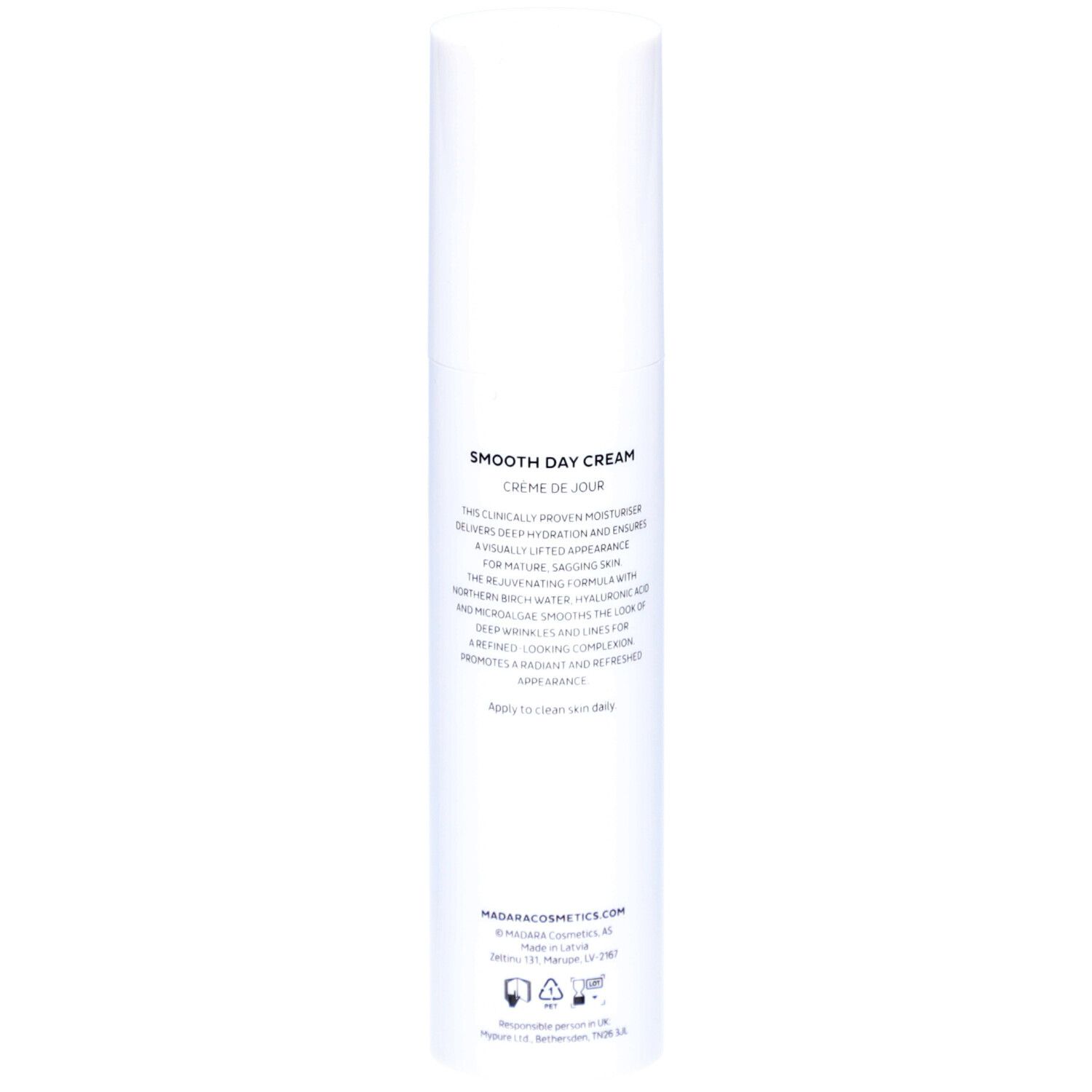 Achterkant van de witte fles Madara Age Pro Smooth. Tekst met productinformatie.