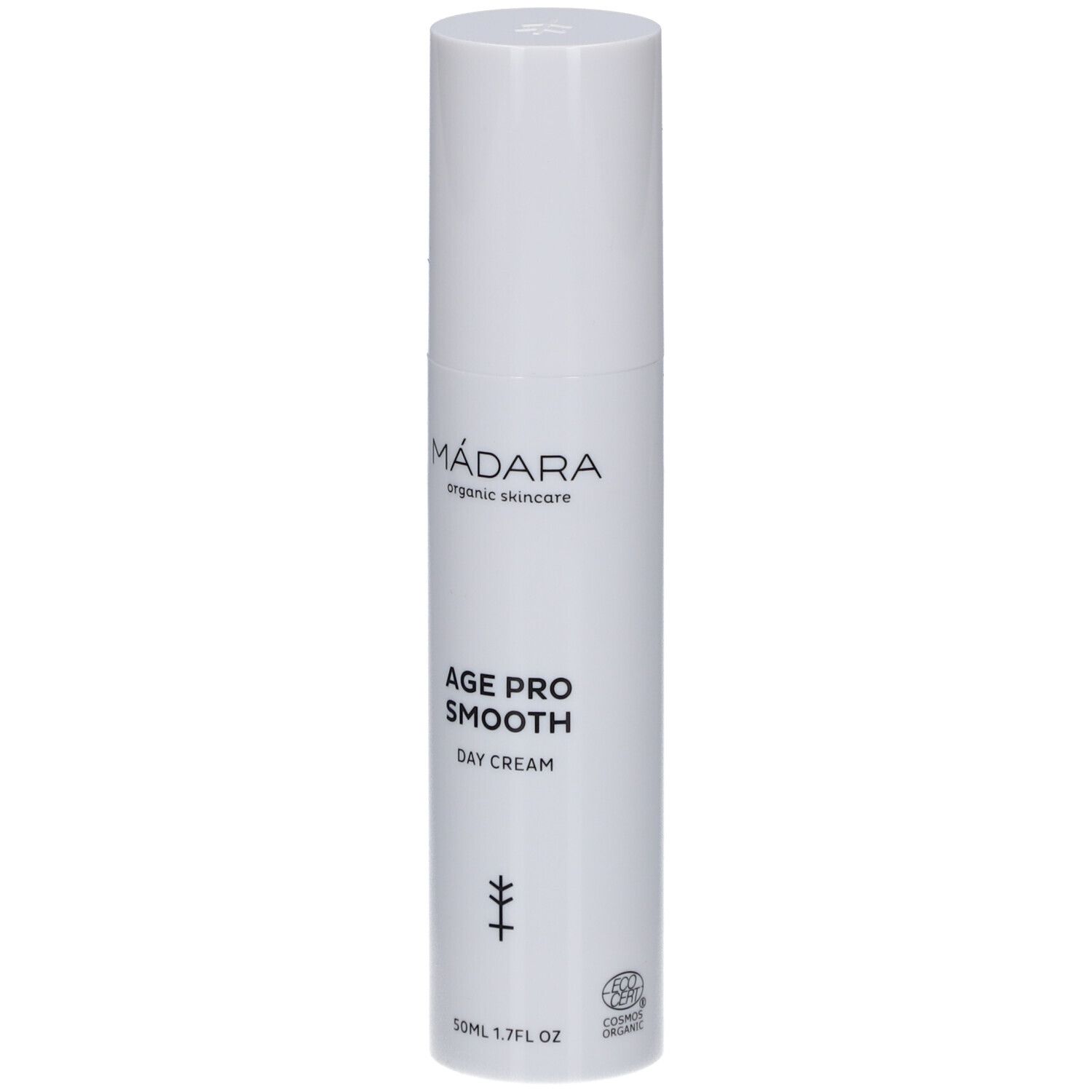 Witte fles Madara Age Pro Smooth. Tekst: Age Pro Smooth Day Cream. Logo en certificering.