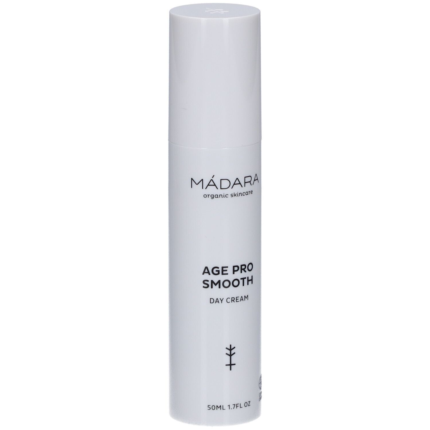 Witte fles Madara Age Pro Smooth. Tekst: Age Pro Smooth Day Cream. Logo en certificering.