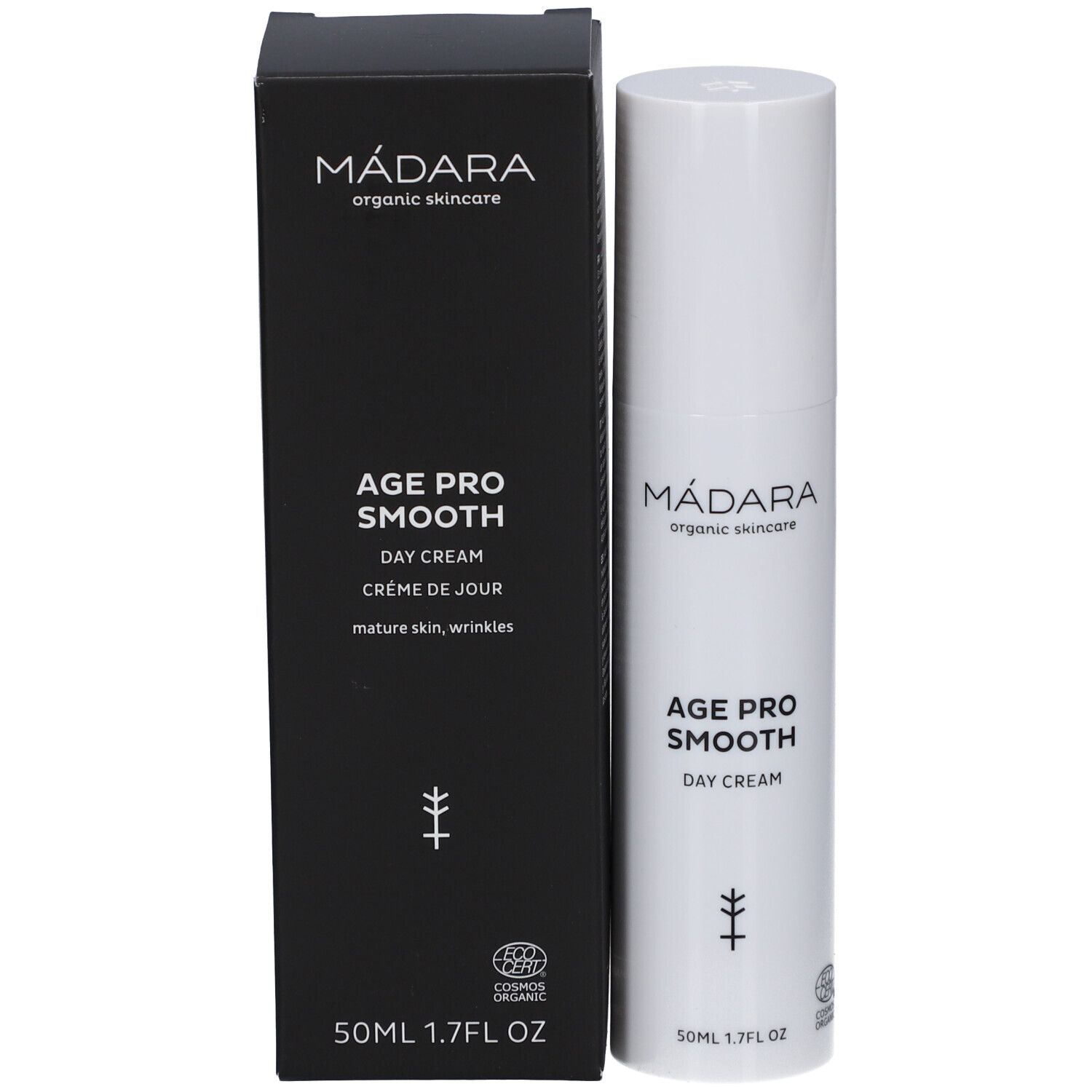 Madara Age Pro Smooth met zwarte verpakking. Tekst: Age Pro Smooth Day Cream. Logo en certificering.