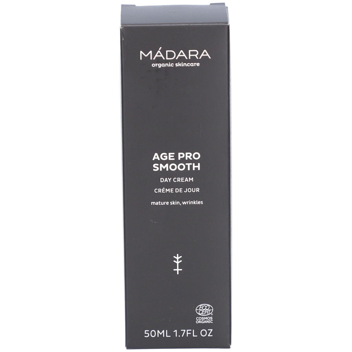 Zwarte verpakking Madara Age Pro Smooth. Tekst: Age Pro Smooth Day Cream. Logo en certificering.