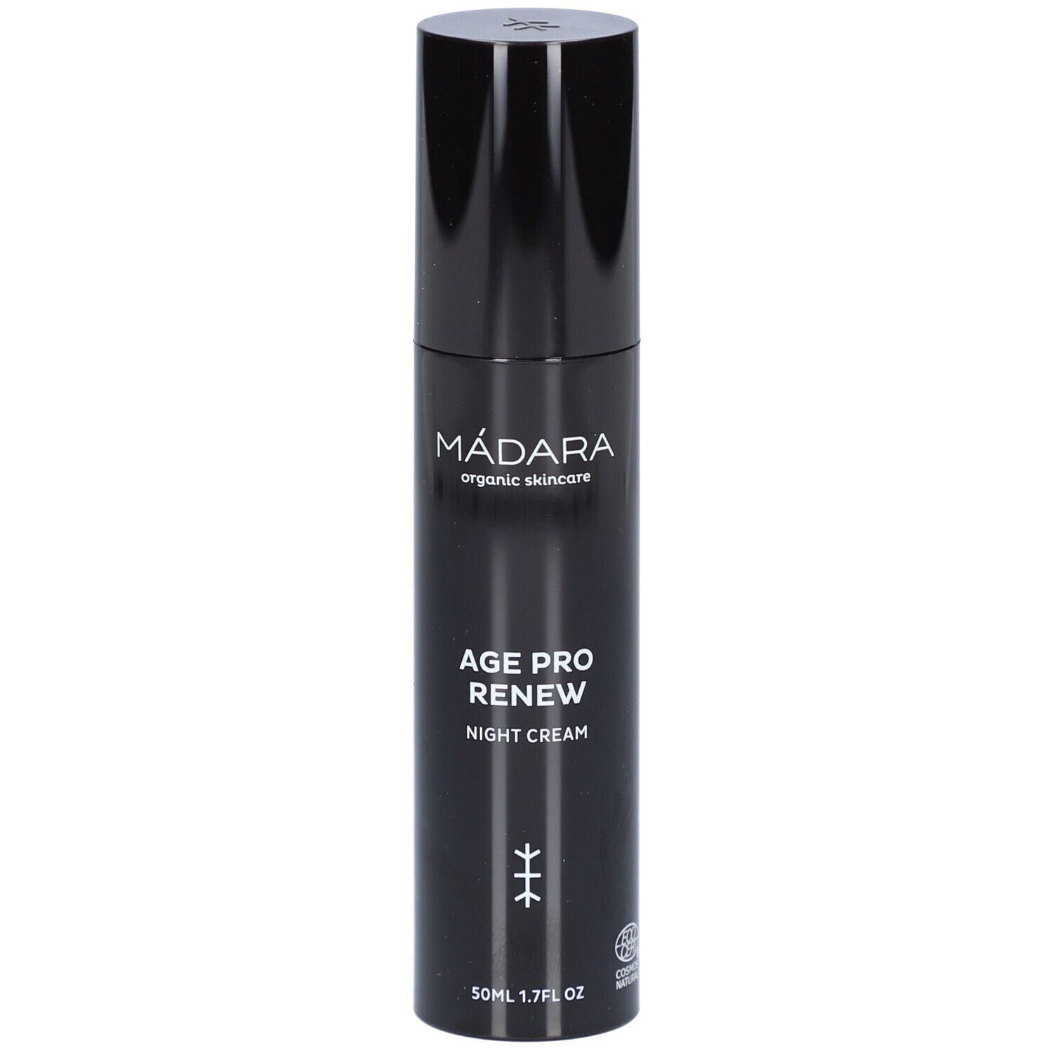 Zwarte fles met zwarte dop. Opschrift: MÁDARA, AGE PRO RENEW NIGHT CREAM. Met certificeringslogo.