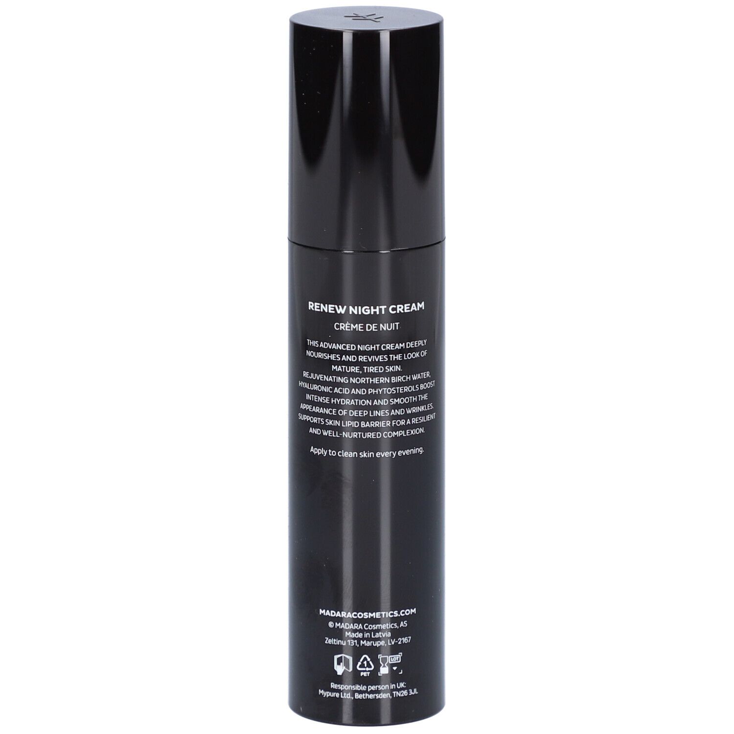 Zwarte fles met zwarte dop. Opschrift: RENEW NIGHT CREAM. Tekst op de achterkant.
