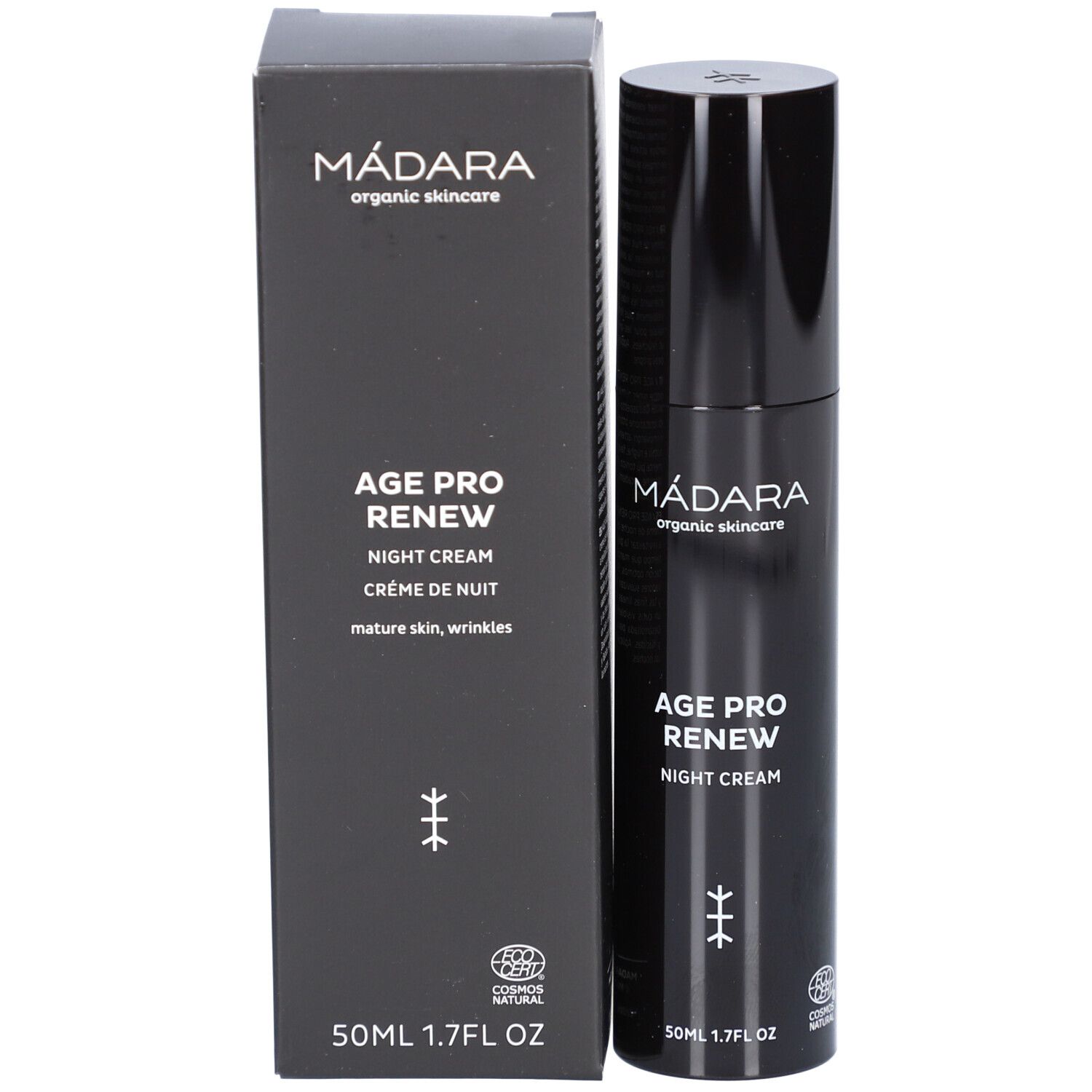 Zwarte fles en doos. Opschrift: MÁDARA, AGE PRO RENEW NIGHT CREAM. Met certificeringslogo.