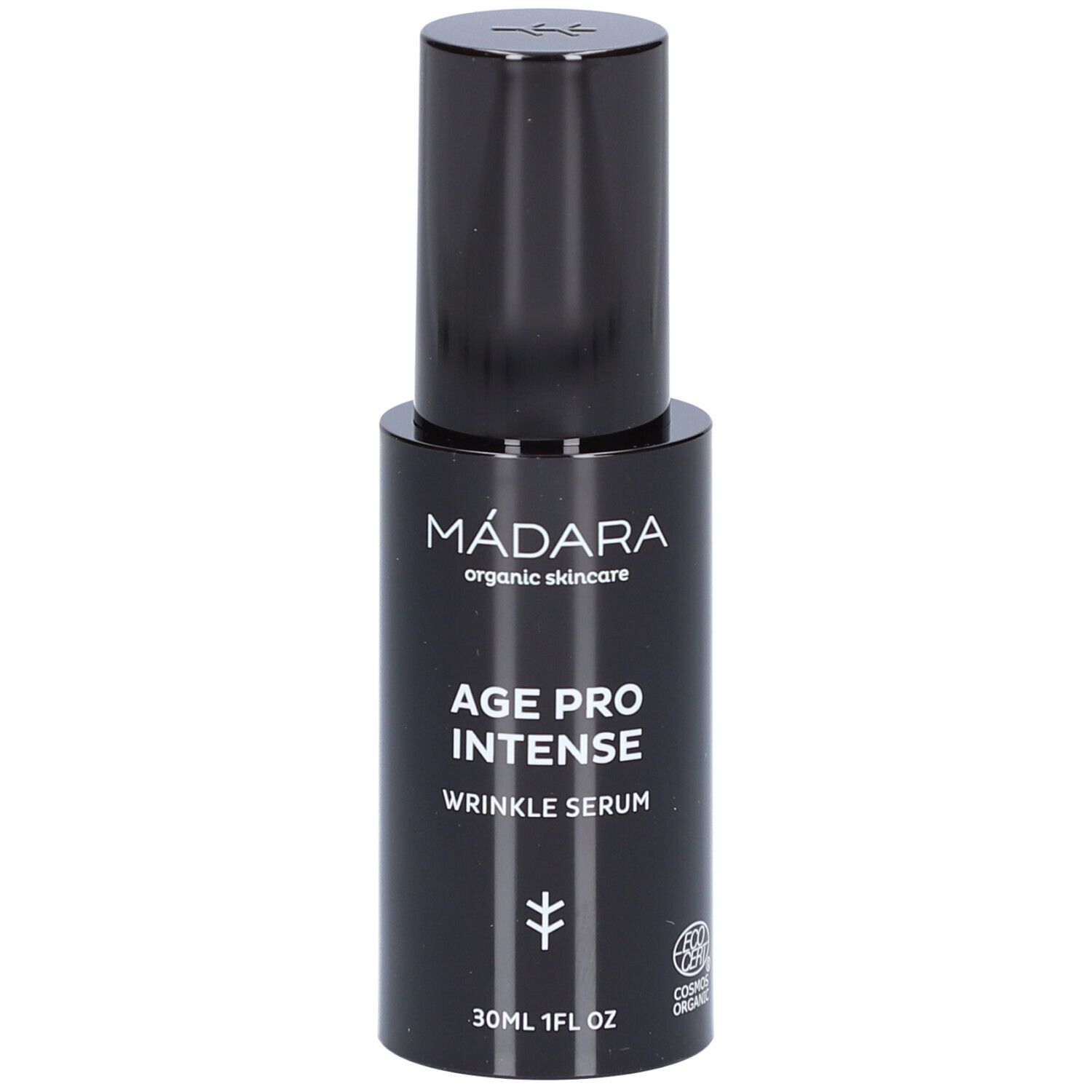 Zwarte fles serum. Opschrift: MÁDARA, AGE PRO INTENSE, WRINKLE SERUM. Met certificering.