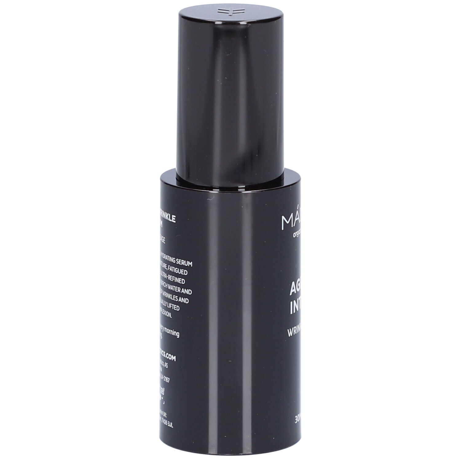 Zwarte fles serum. Opschrift: MÁDARA, AGE PRO INTENSE, WRINKLE SERUM. Tekst over ingrediënten.