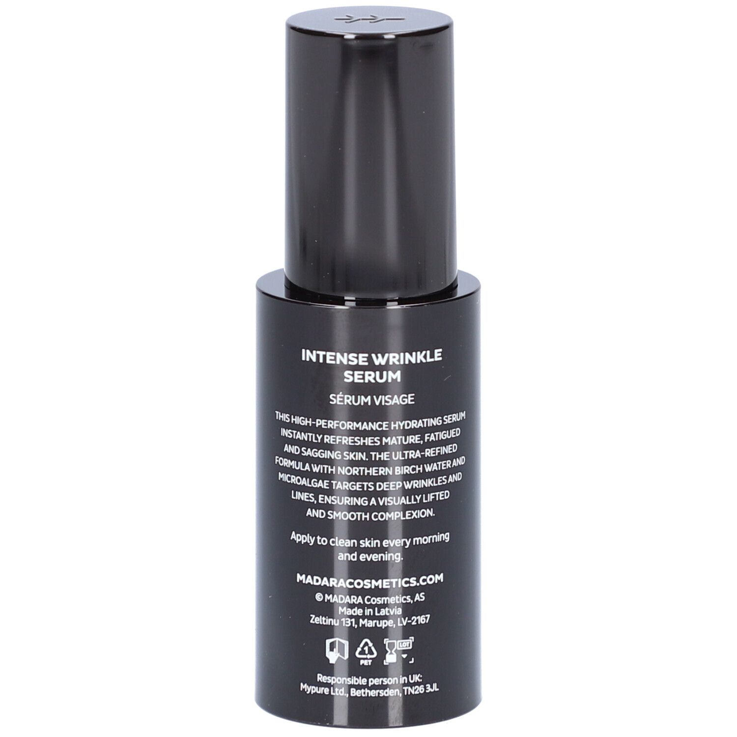 Zwarte fles serum. Opschrift: INTENSE WRINKLE SERUM. Tekst over gebruik en ingrediënten.