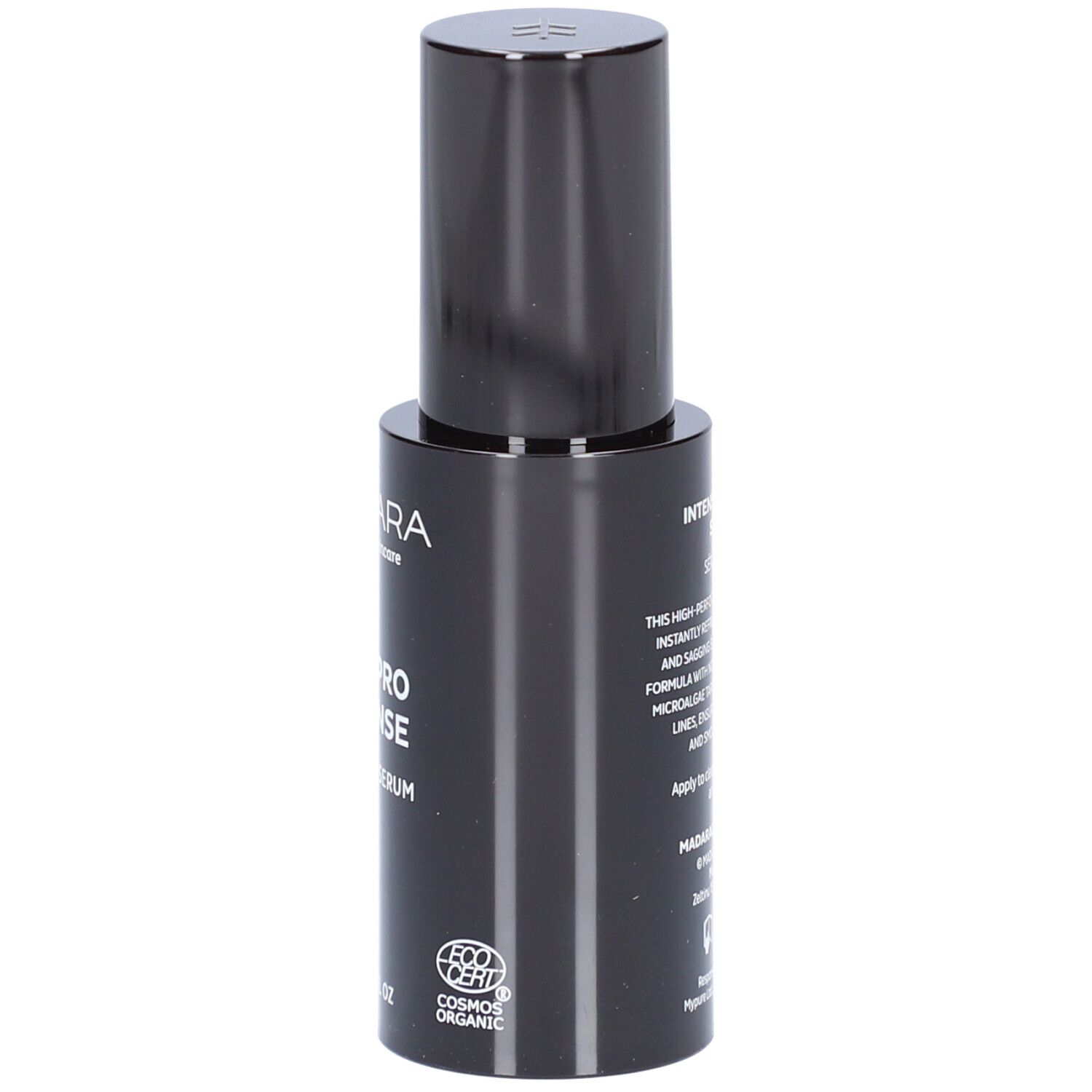 Zwarte fles serum. Opschrift: MÁDARA, AGE PRO INTENSE, WRINKLE SERUM. Met certificering.