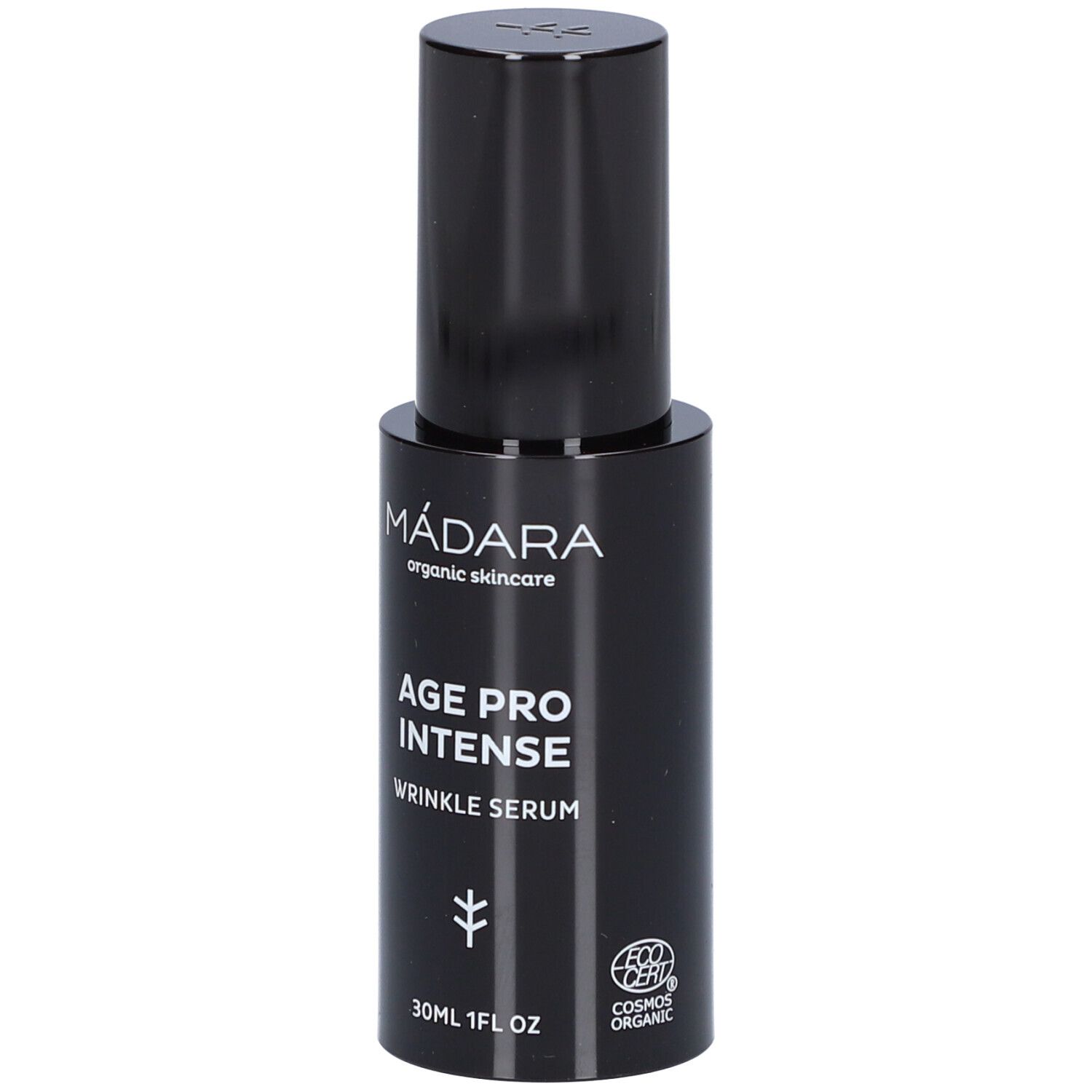 Zwarte fles serum. Opschrift: MÁDARA, AGE PRO INTENSE, WRINKLE SERUM. Met certificering.