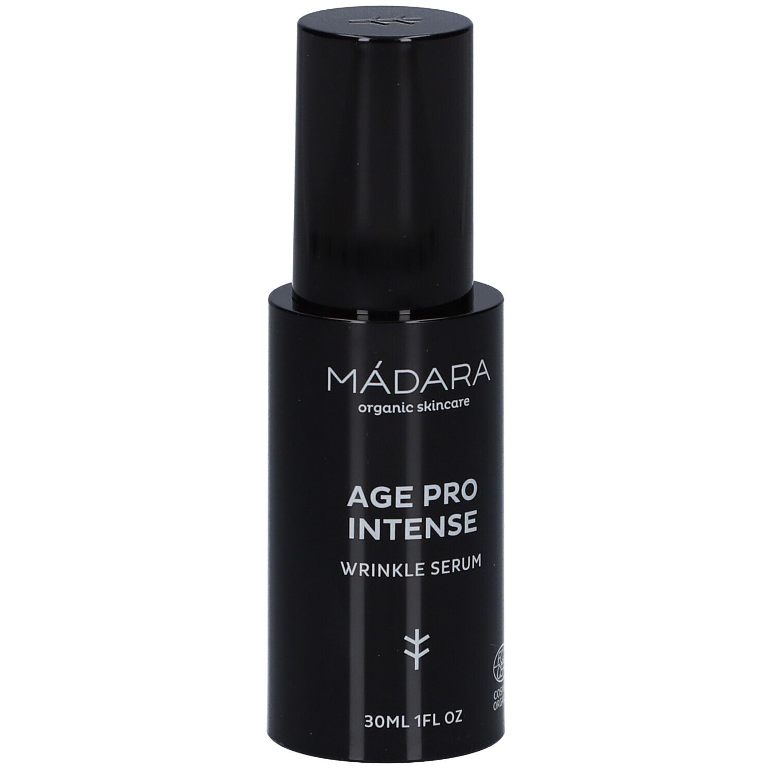 Zwarte fles serum. Opschrift: MÁDARA, AGE PRO INTENSE, WRINKLE SERUM. Met certificering.