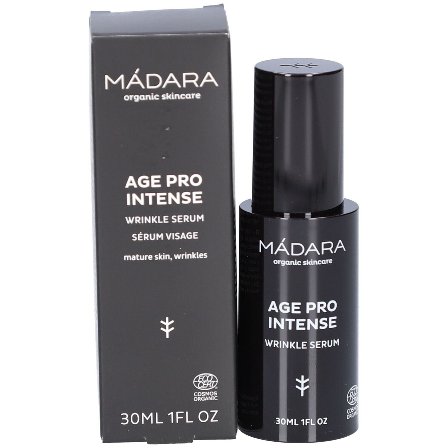 Zwarte fles en doos serum. Opschrift: MÁDARA, AGE PRO INTENSE, WRINKLE SERUM. Met certificering.