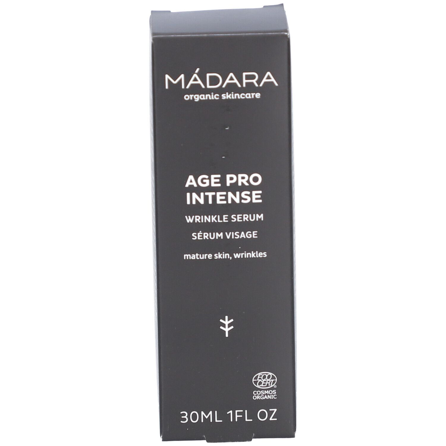 Doos met serum. Opschrift: MÁDARA, AGE PRO INTENSE, WRINKLE SERUM. Met certificering.