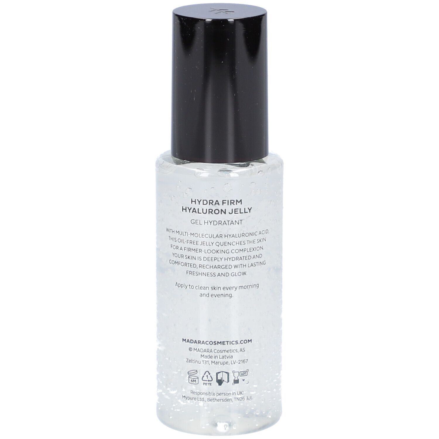 Achterkant van de fles. Tekst: HYDRA FIRM HYALURON JELLY GEL HYDRATANT. Informatie over ingrediënten en fabrikant.