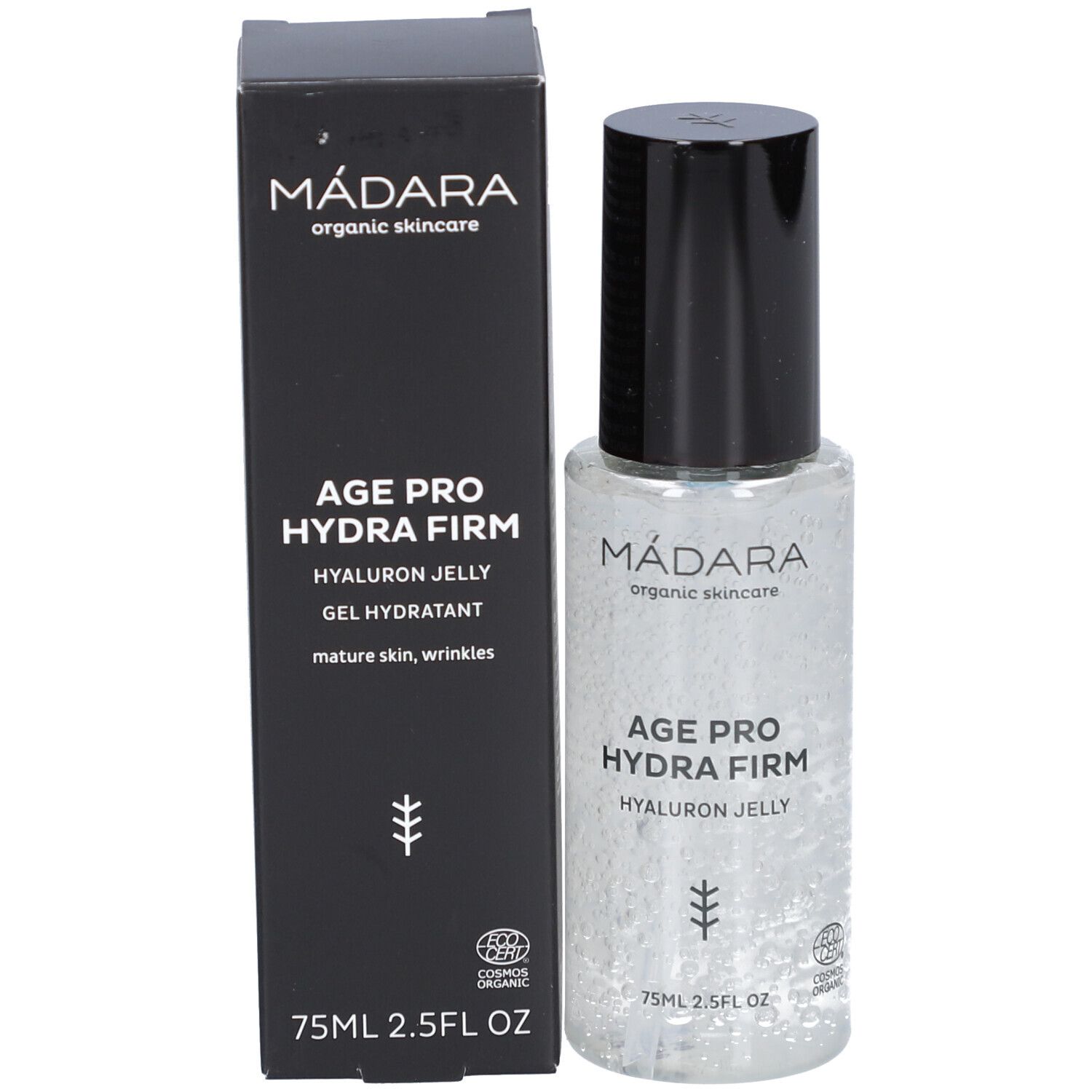 Productfles en verpakking. Opschrift: MÁDARA, AGE PRO HYDRA FIRM, HYALURON JELLY. Met bio-label.