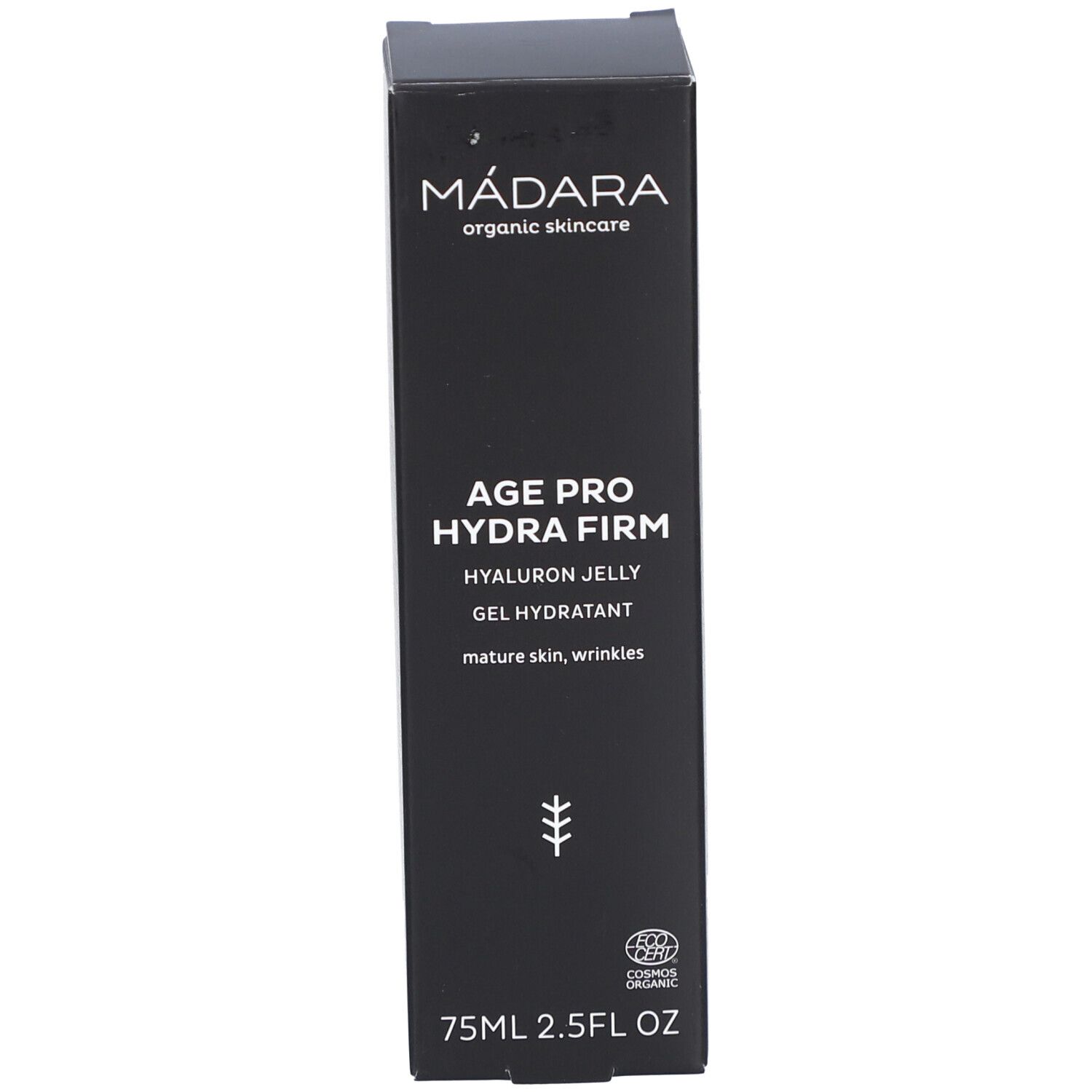 Zwarte verpakking. Opschrift: MÁDARA, AGE PRO HYDRA FIRM, HYALURON JELLY. Met bio-label.