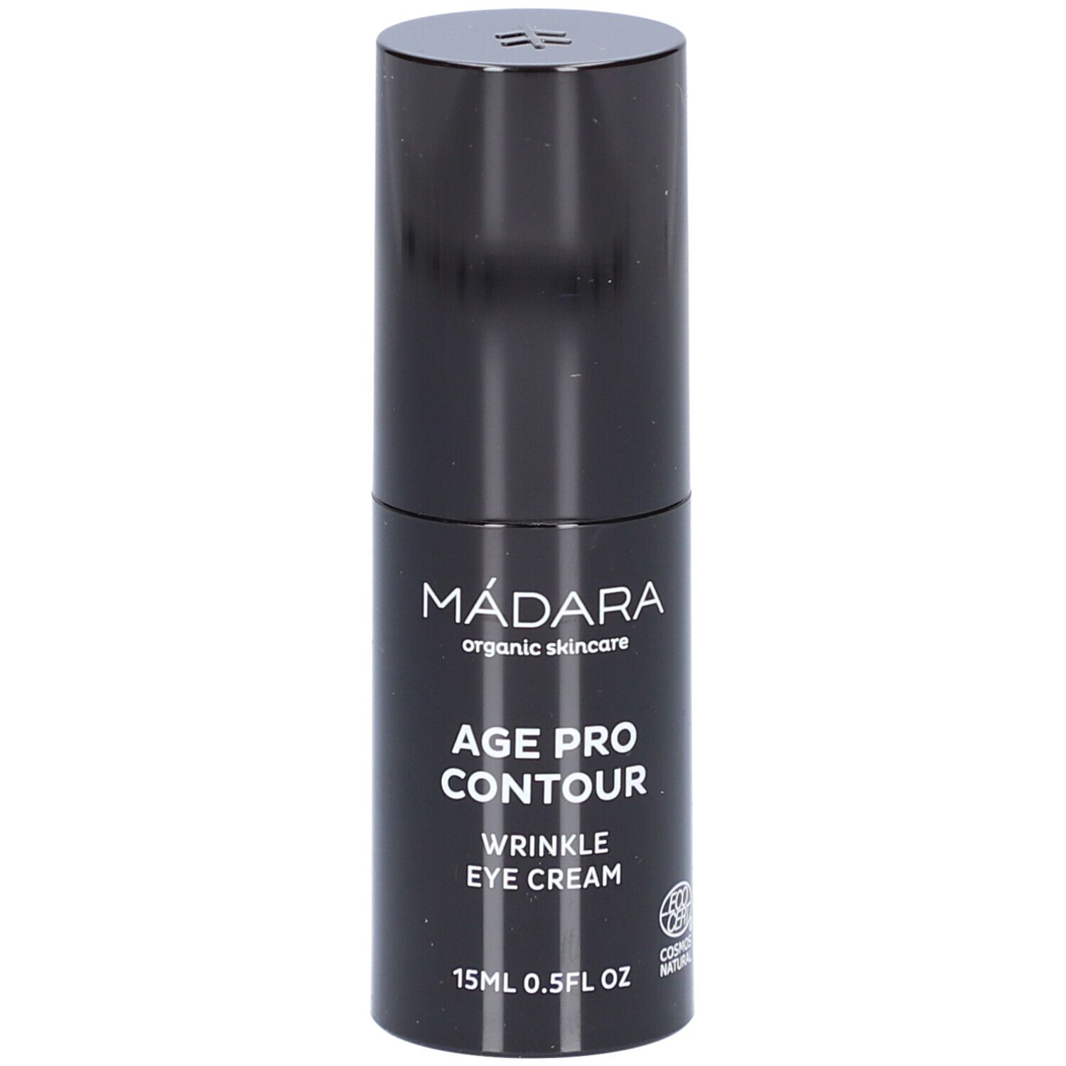 Zwarte oogcrèmetube. Opschrift: MÁDARA, AGE PRO CONTOUR, WRINKLE EYE CREAM, 15ml 0.5FL OZ. COSMOS NATURAL-certificering.