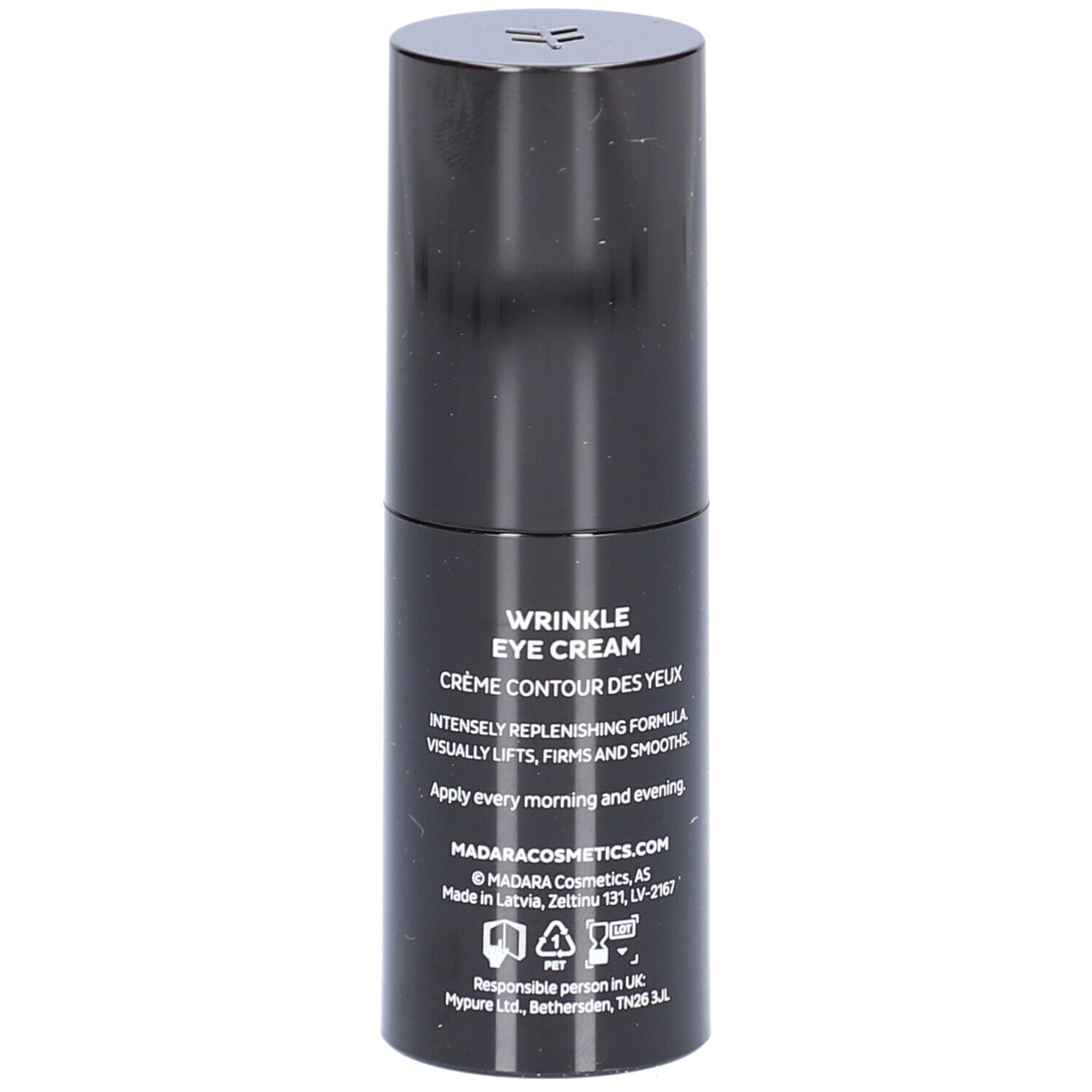 Zwarte oogcrèmetube. Opschrift: WRINKLE EYE CREAM, CRÈME CONTOUR DES YEUX. Tekst op de achterkant.