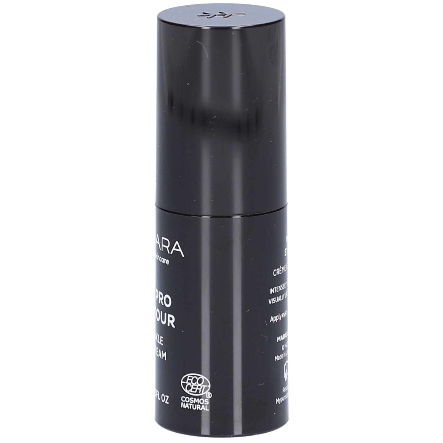 Zwarte oogcrèmetube. Opschrift: MÁDARA, AGE PRO CONTOUR, WRINKLE EYE CREAM. COSMOS NATURAL-certificering.