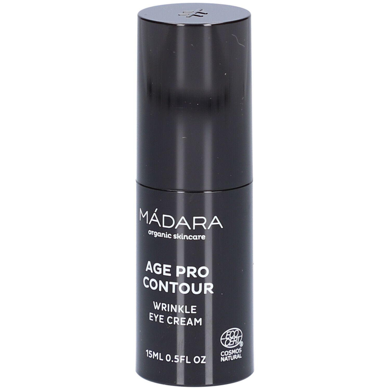 Zwarte oogcrèmetube. Opschrift: MÁDARA, AGE PRO CONTOUR, WRINKLE EYE CREAM, 15ml 0.5FL OZ. COSMOS NATURAL-certificering.