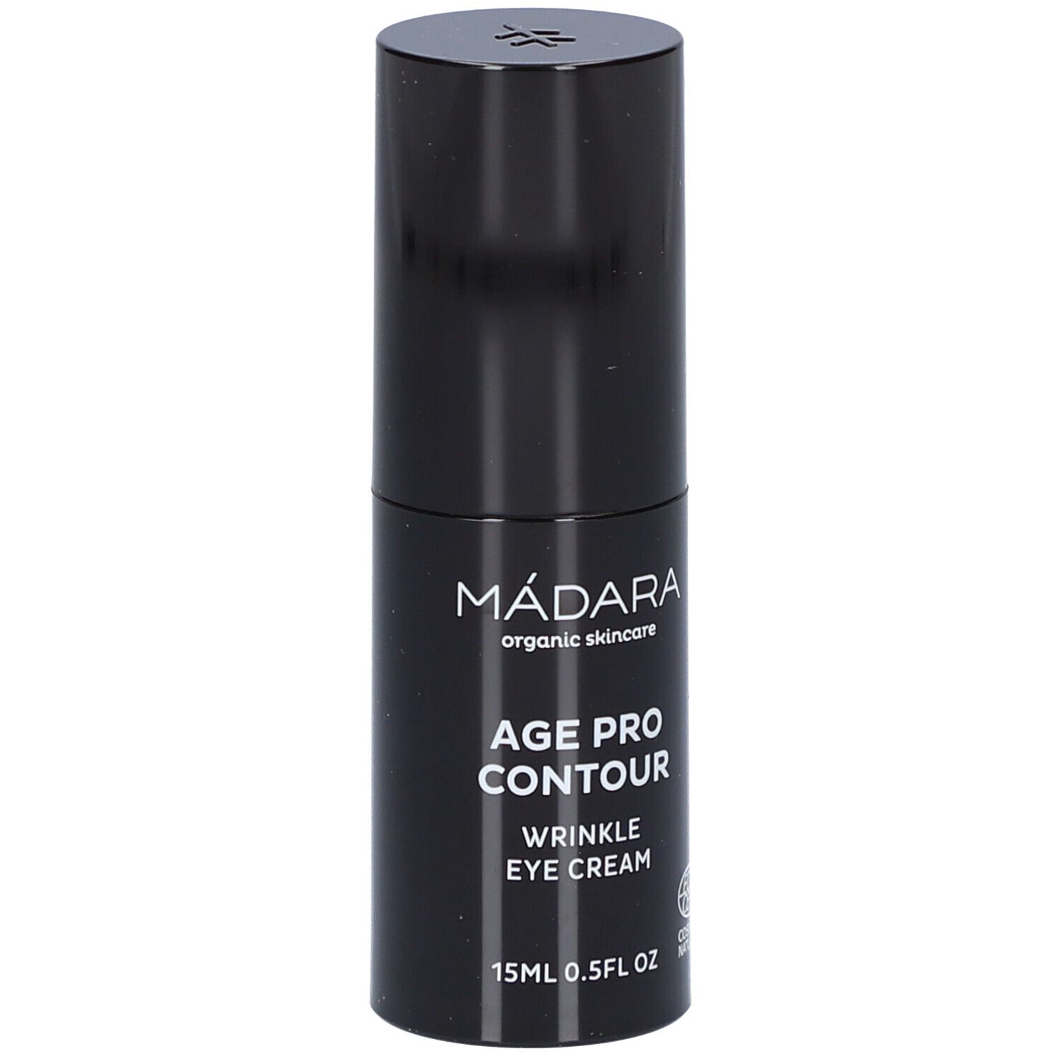 Zwarte oogcrèmetube. Opschrift: MÁDARA, AGE PRO CONTOUR, WRINKLE EYE CREAM, 15ml 0.5FL OZ. COSMOS NATURAL-certificering.