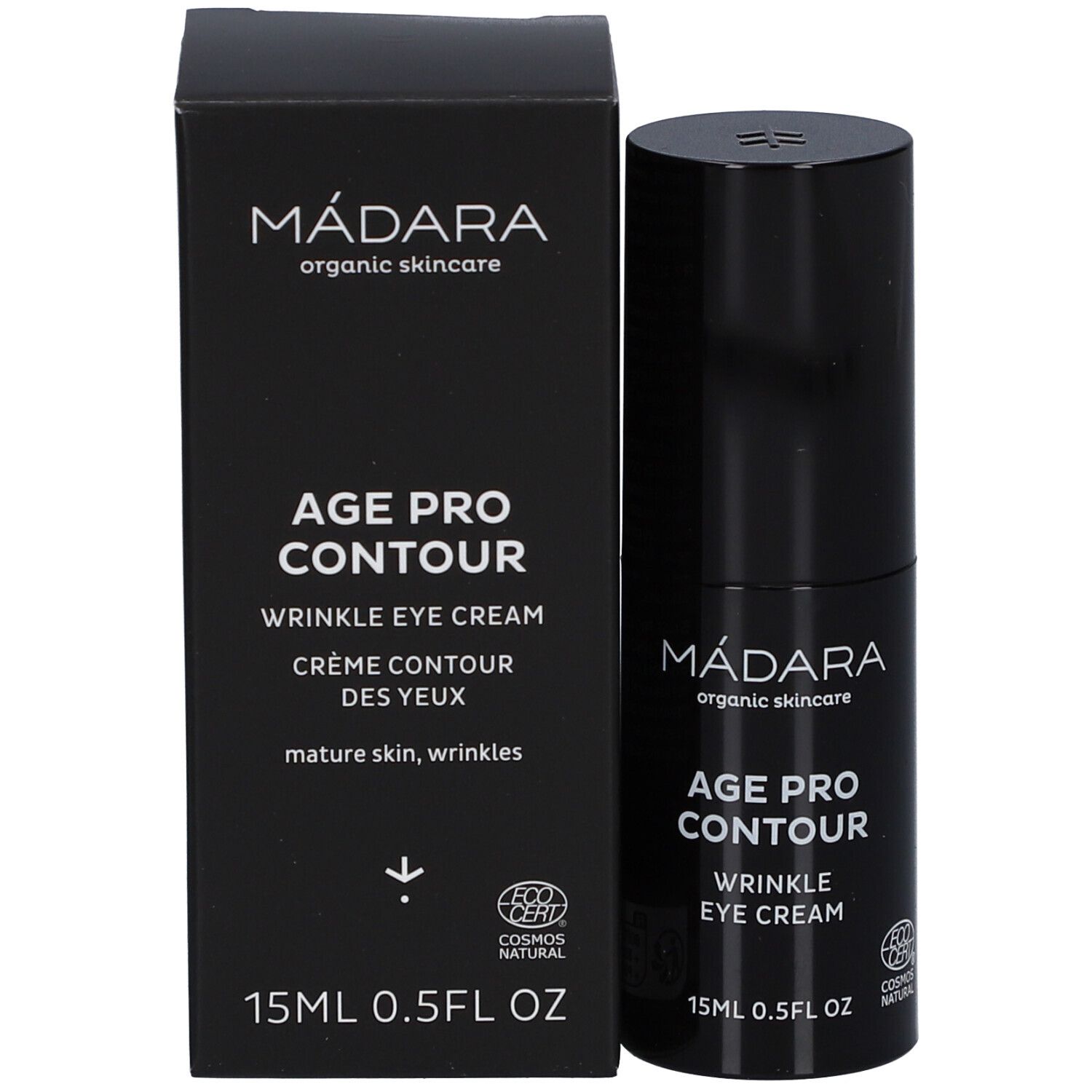 Zwarte verpakking en tube. Opschrift: MÁDARA, AGE PRO CONTOUR, WRINKLE EYE CREAM, 15ml 0.5FL OZ. COSMOS NATURAL-certificering.