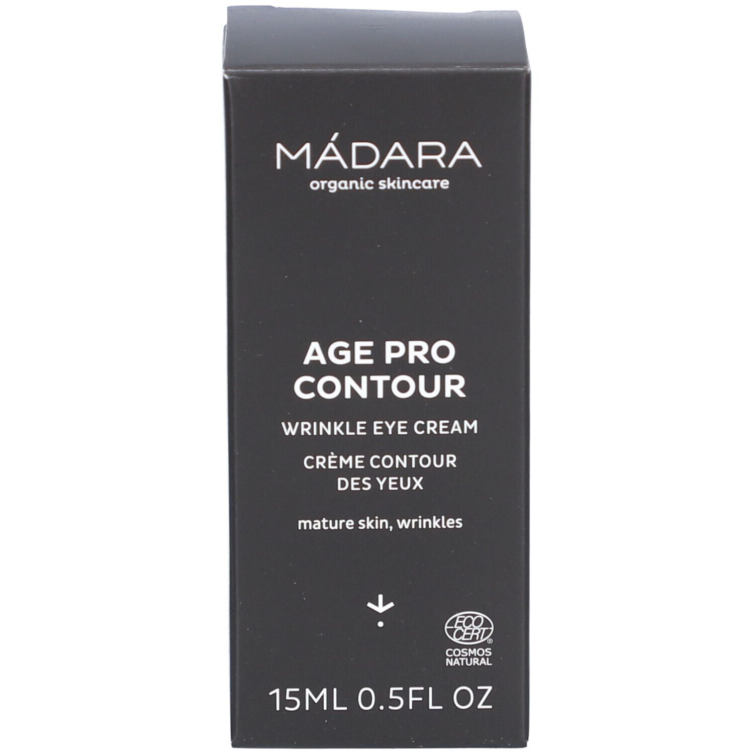 Zwarte verpakking. Opschrift: MÁDARA, AGE PRO CONTOUR, WRINKLE EYE CREAM, CRÈME CONTOUR DES YEUX. COSMOS NATURAL-certificering.