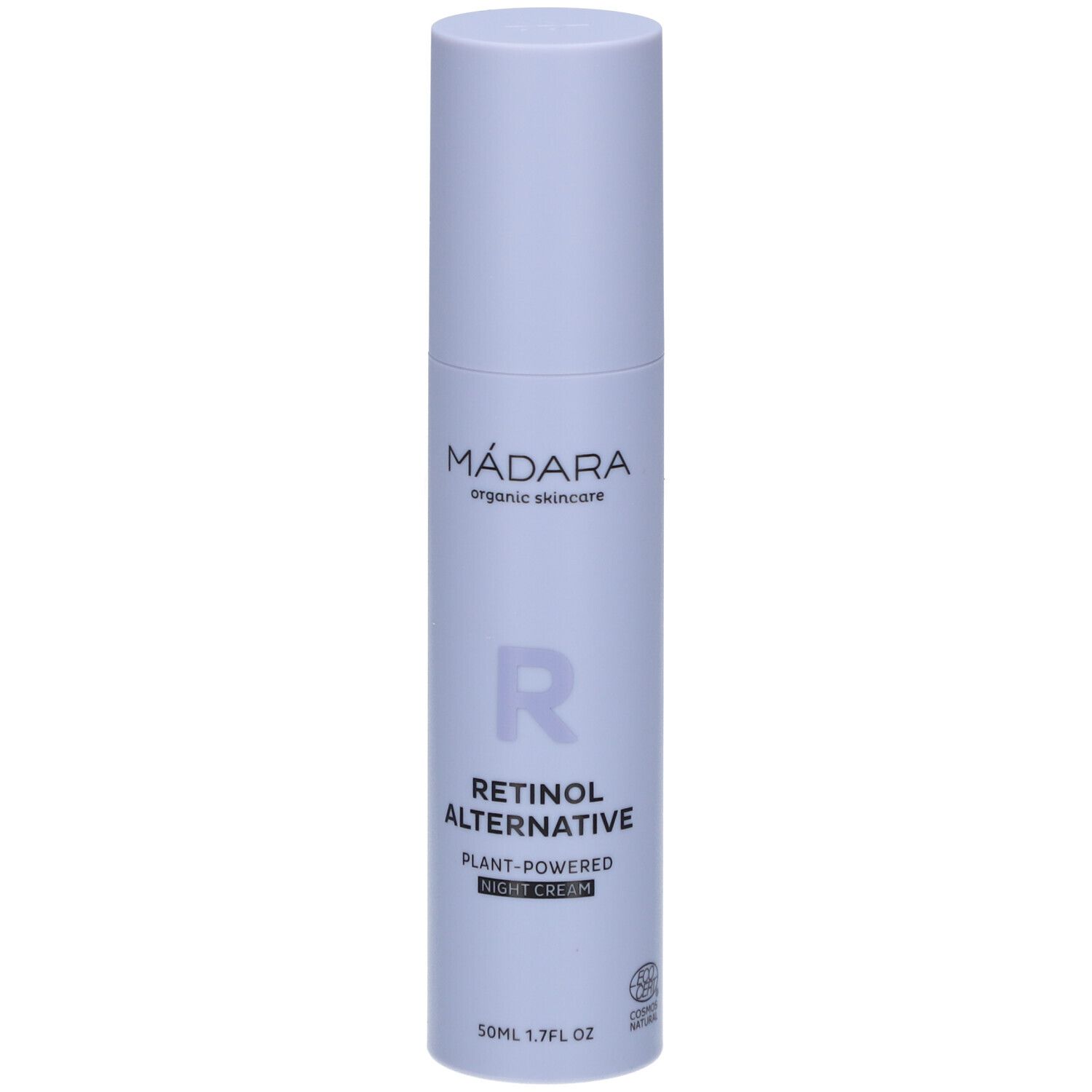 Lichtblauwe fles met witte dop. Opschrift: MÁDARA, Retinol Alternative, nachtcrème. Met bio-certificering.