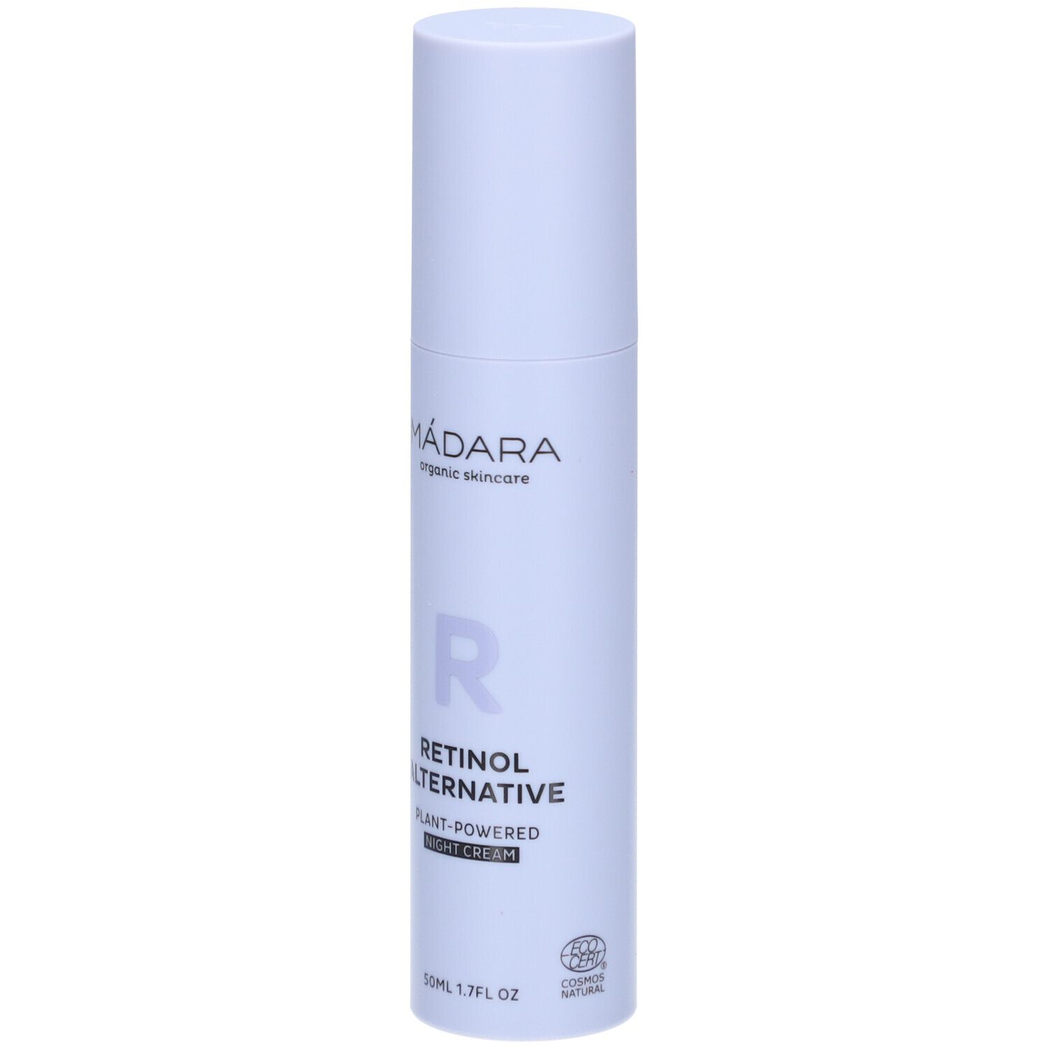 Lichtblauwe fles met witte dop. Opschrift: MÁDARA, Retinol Alternative, nachtcrème. Met bio-certificering.