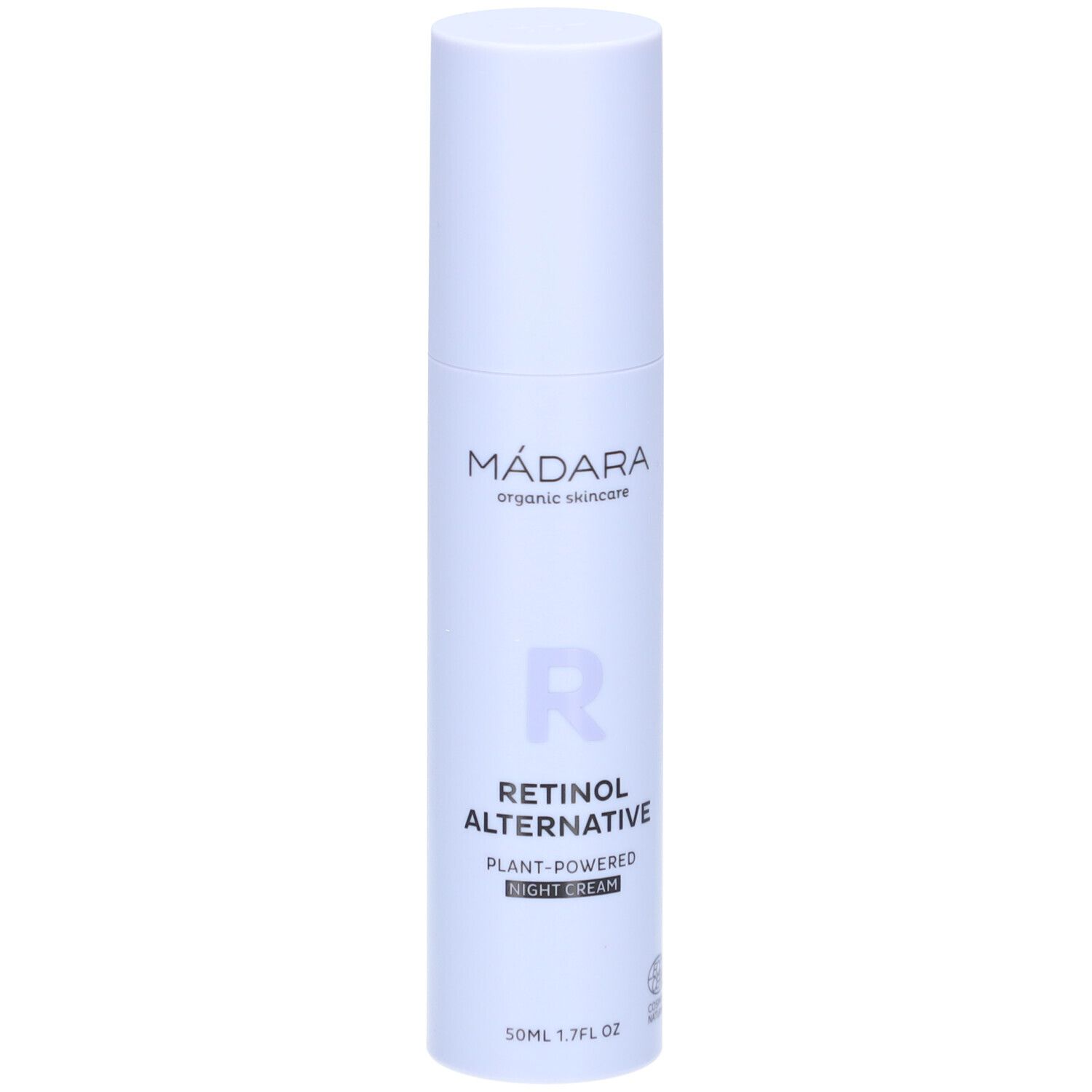 Lichtblauwe fles met witte dop. Opschrift: MÁDARA, Retinol Alternative, nachtcrème. Met bio-certificering.