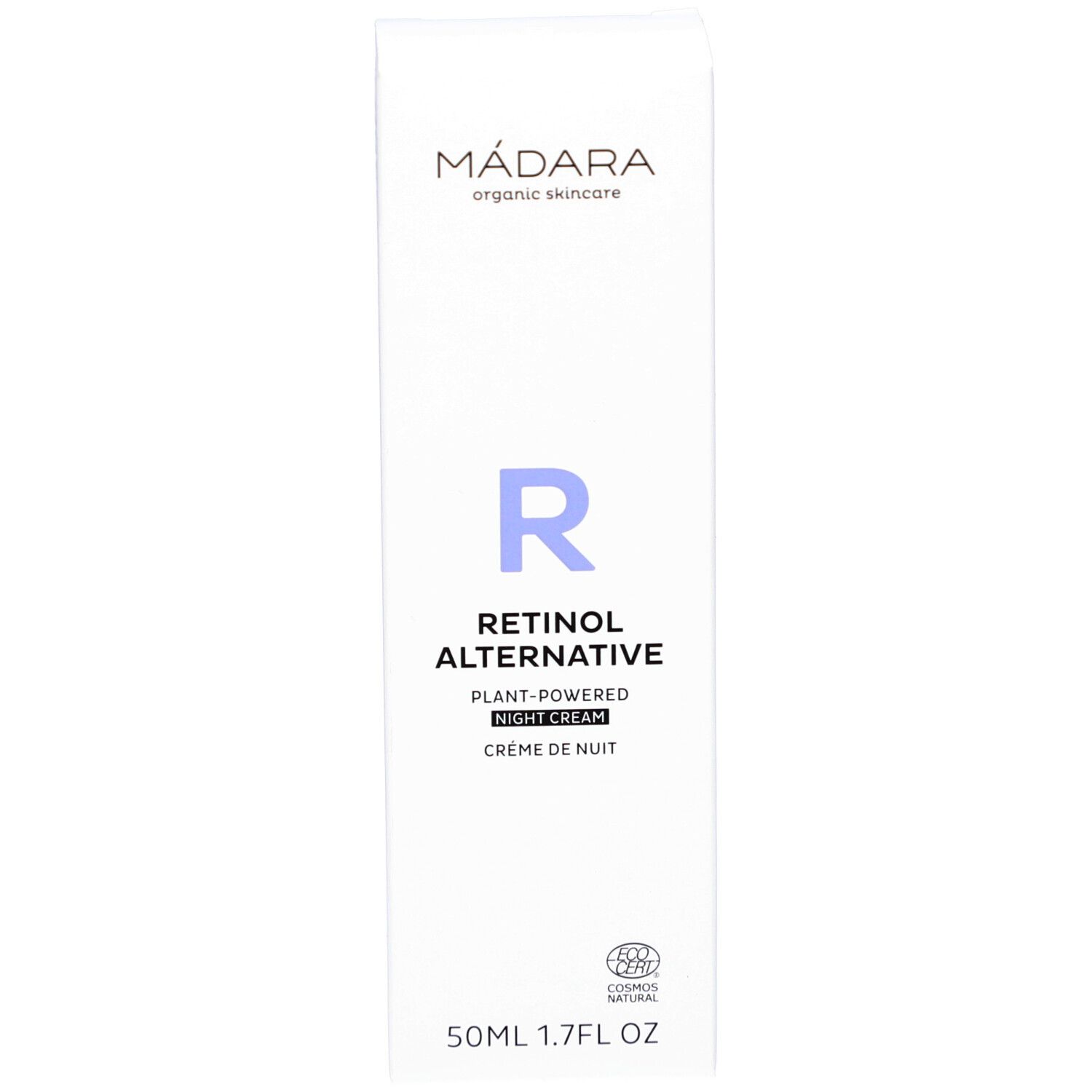 Witte doos met opschrift: MÁDARA, Retinol Alternative, nachtcrème. Met bio-certificering.