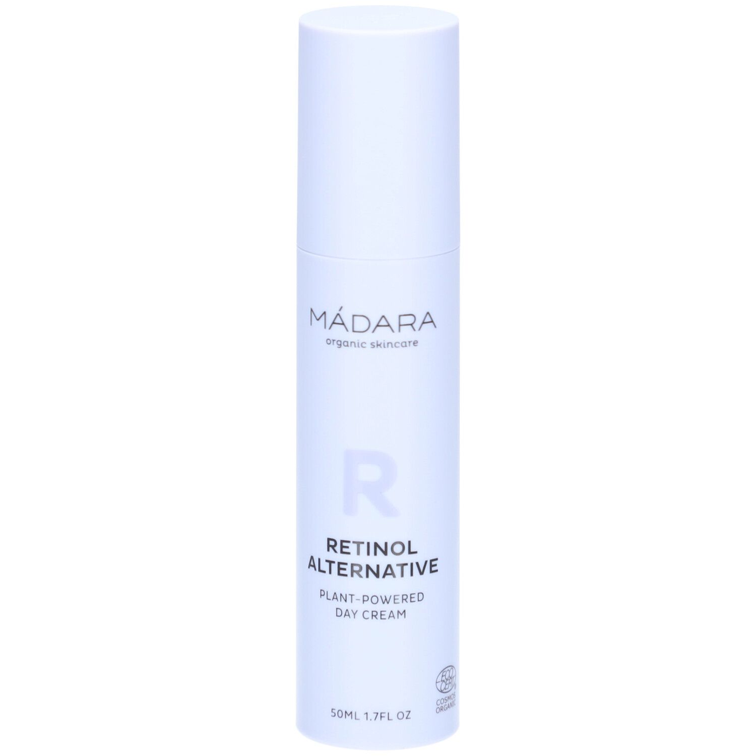 Witte fles met dop. Opschrift: MÁDARA, Retinol Alternative, Dagcrème. Logo: R. Certificering.