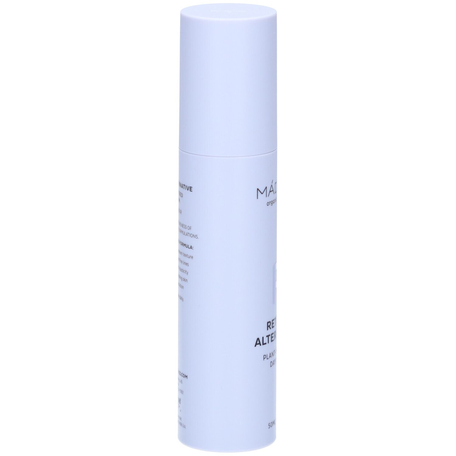 Witte fles, zijaanzicht. Tekst: ingrediënten, gebruiksaanwijzing. Certificeringen. Productnaam: Retinol Alternative.