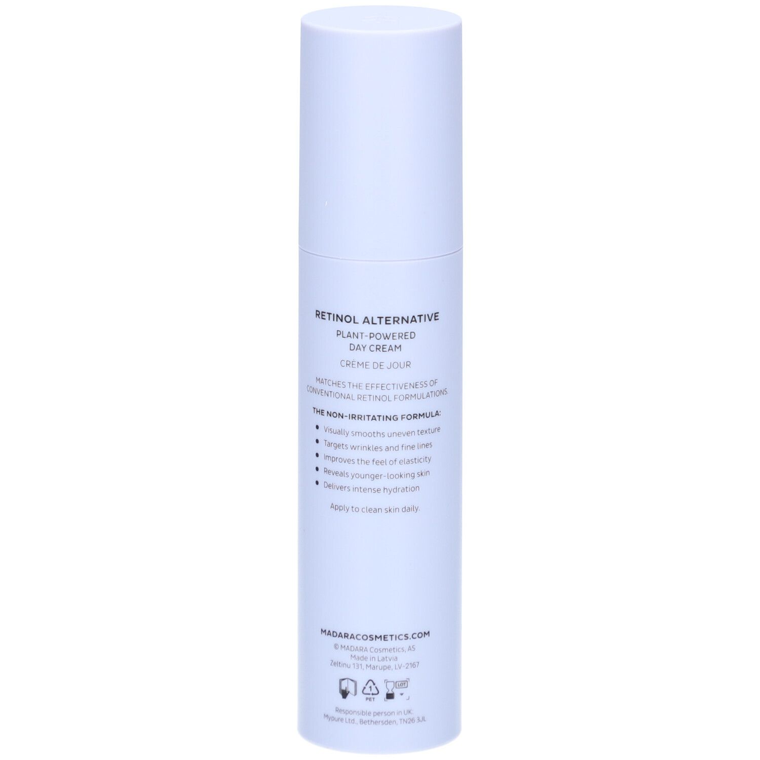 Witte fles, achterkant. Tekst: productvoordelen, gebruiksaanwijzing. Logo: MÁDARA Cosmetics. Certificeringen.