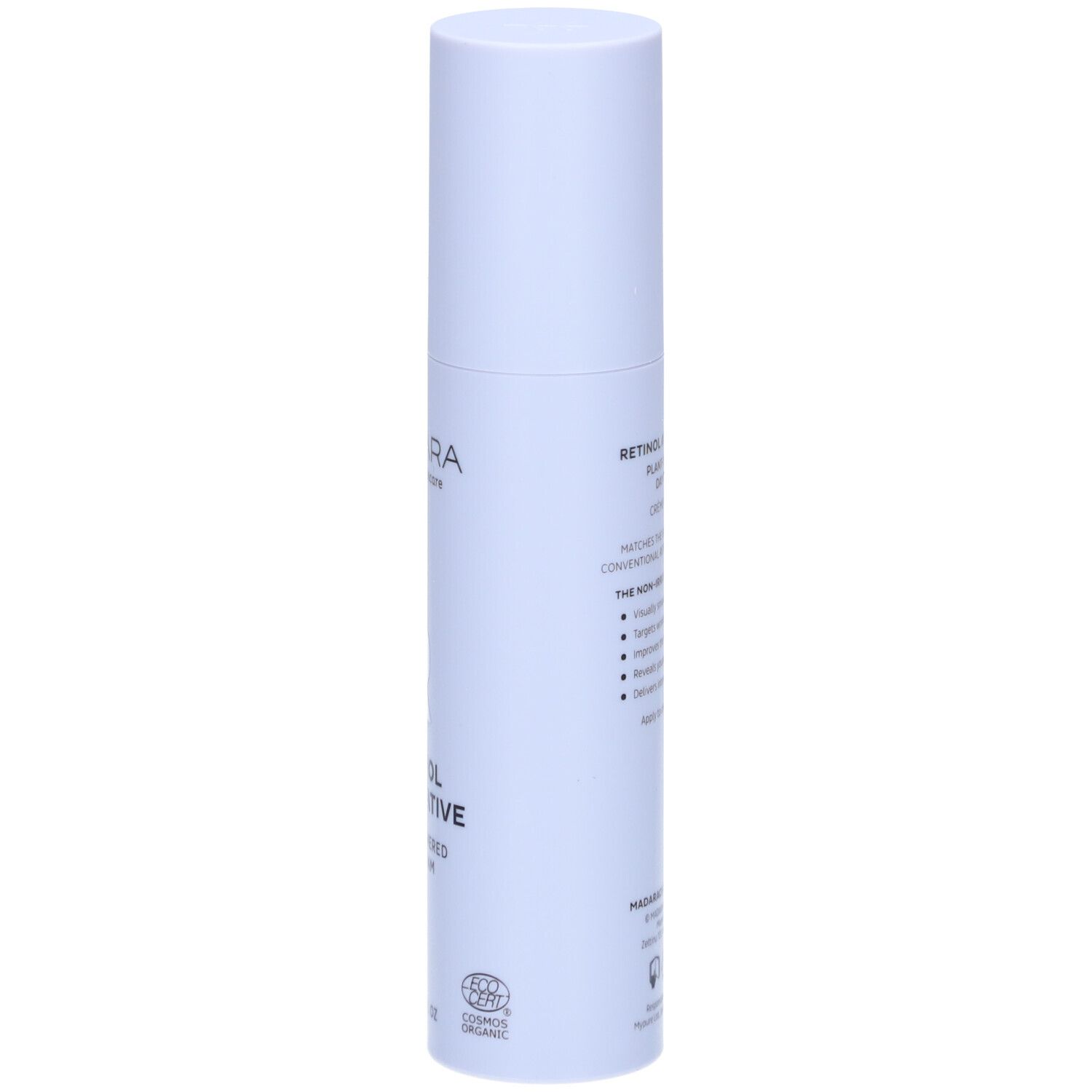 Witte fles, zijaanzicht. Tekst: productnaam, ingrediënten, certificeringen. Logo: MÁDARA. Retinol Alternative.