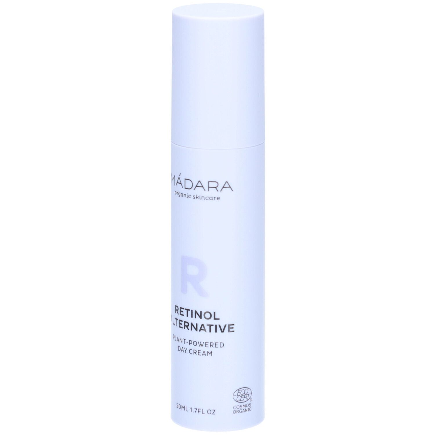 Witte fles met dop. Opschrift: MÁDARA, Retinol Alternative, Dagcrème. Logo: R. Certificering.