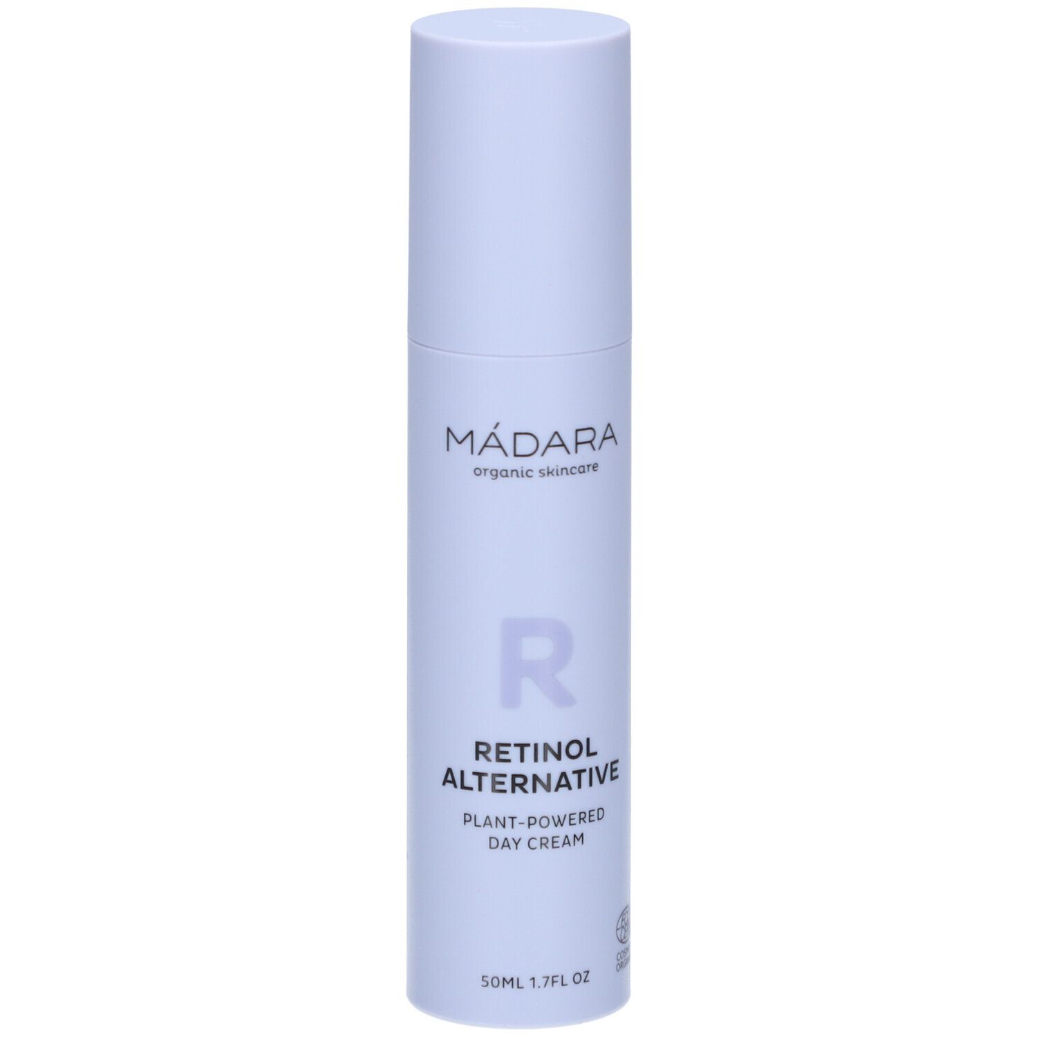 Witte fles met dop. Opschrift: MÁDARA, Retinol Alternative, Dagcrème. Logo: R. Certificering.