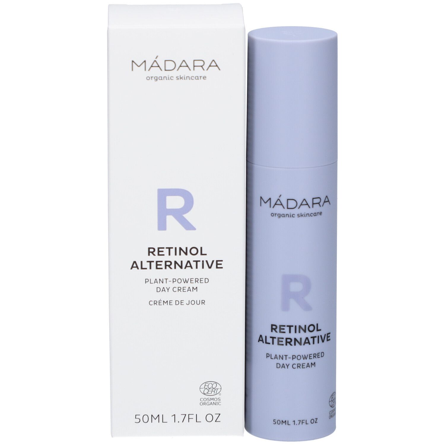 Productverpakking en fles. Verpakking: wit, tekst: MÁDARA, Retinol Alternative, Dagcrème. Logo: R. Certificering.