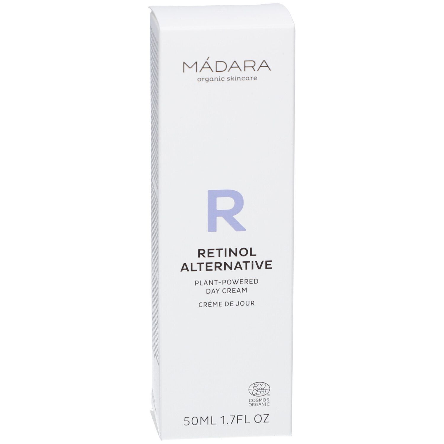 Witte productverpakking. Tekst: MÁDARA, Retinol Alternative, Dagcrème. Logo: R. Certificering. Vierkante vorm.