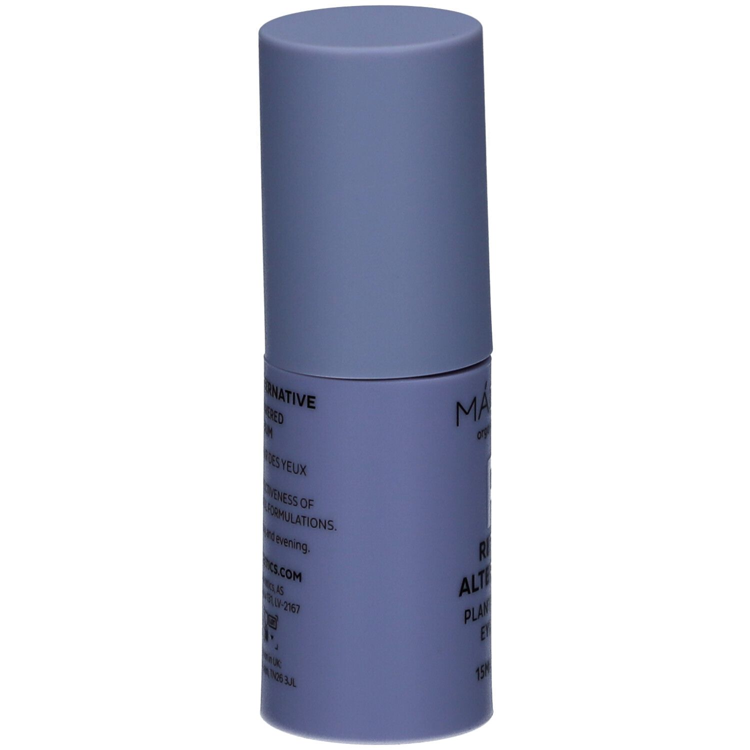 Lichtblauw oogserumflesje, zijaanzicht. Opschrift: MÁDARA, Retinol Alternative, 15ml. Tekst in het Engels.