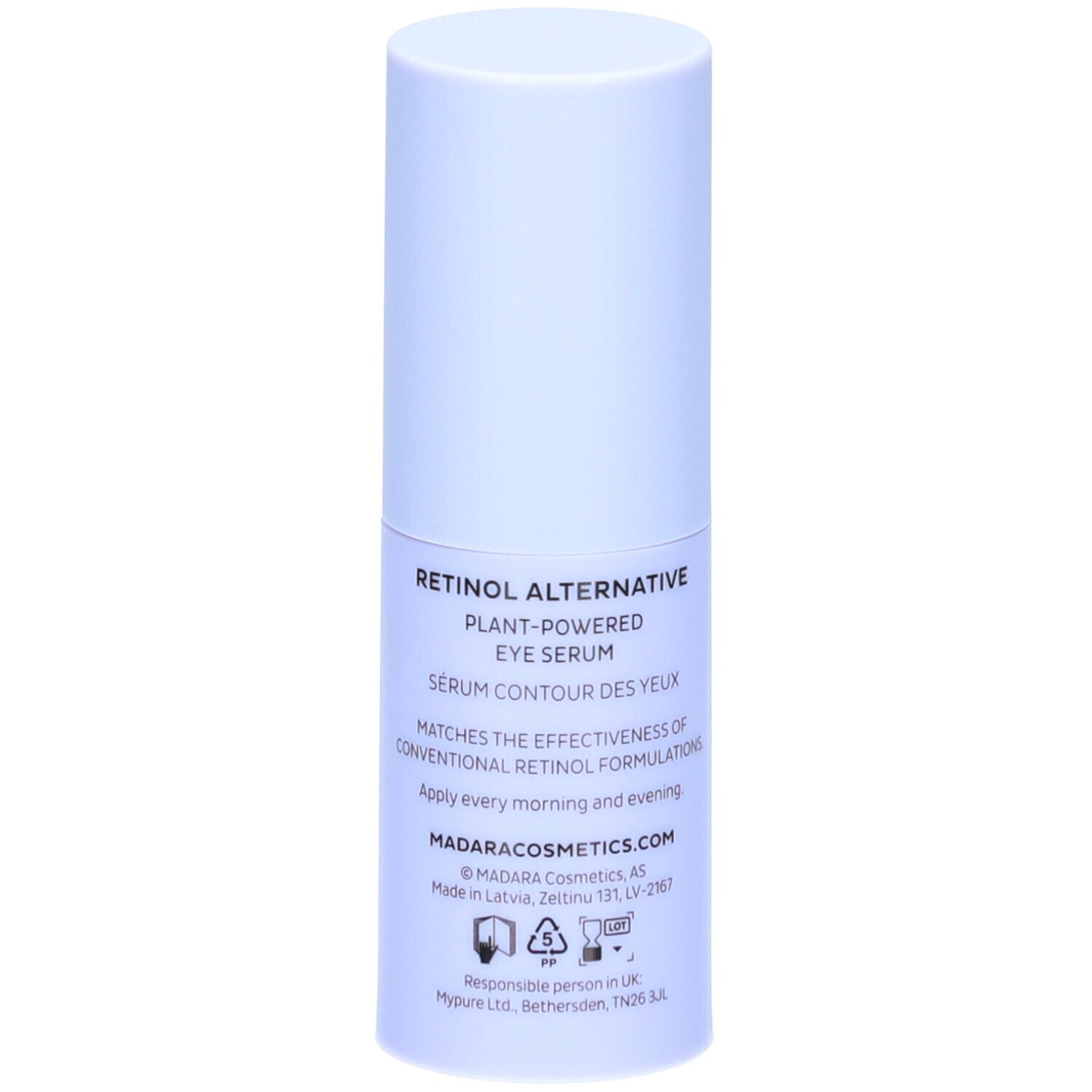 Lichtblauw oogserumflesje. Opschrift: Retinol Alternative, Plant-Powered Eye Serum, MADARACOSMETICS.COM, 15ml.