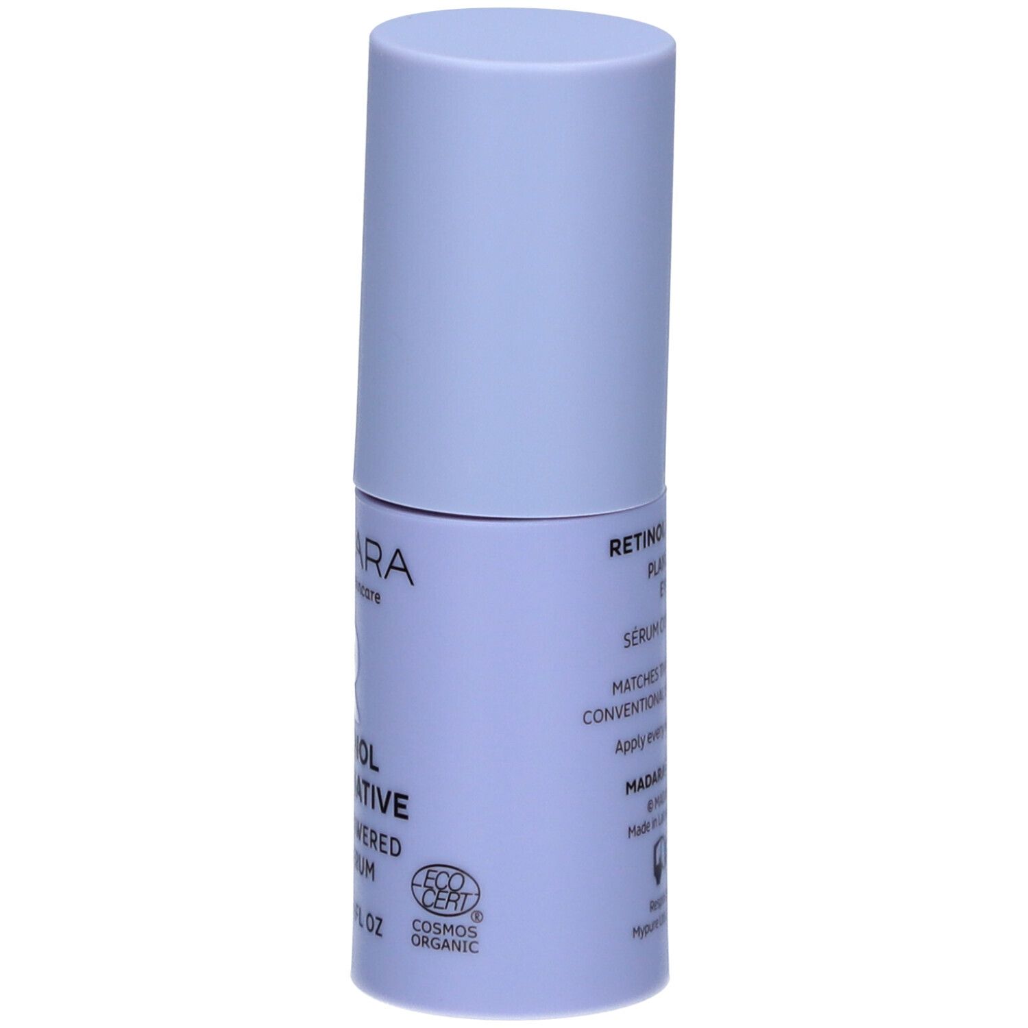 Lichtblauw oogserumflesje. Opschrift: MÁDARA, Retinol Alternative, Plant-Powered Eye Serum, COSMOS ORGANIC, 15ml.