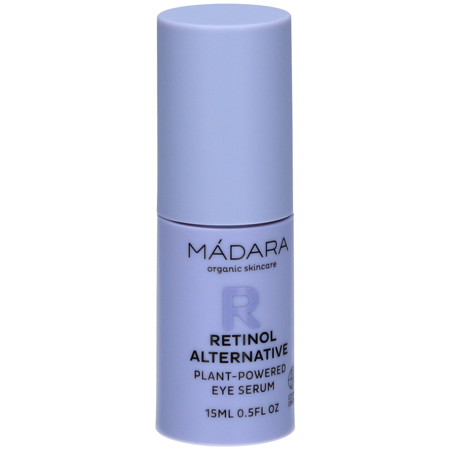 Lichtblauw oogserumflesje. Opschrift: MÁDARA, Retinol Alternative, Plant-Powered Eye Serum, 15ml, COSMOS ORGANIC.