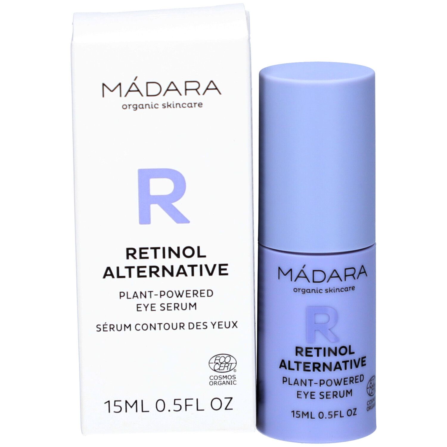 Oogserumflesje en verpakking. Opschrift: MÁDARA, Retinol Alternative, Plant-Powered Eye Serum, 15ml, COSMOS ORGANIC.