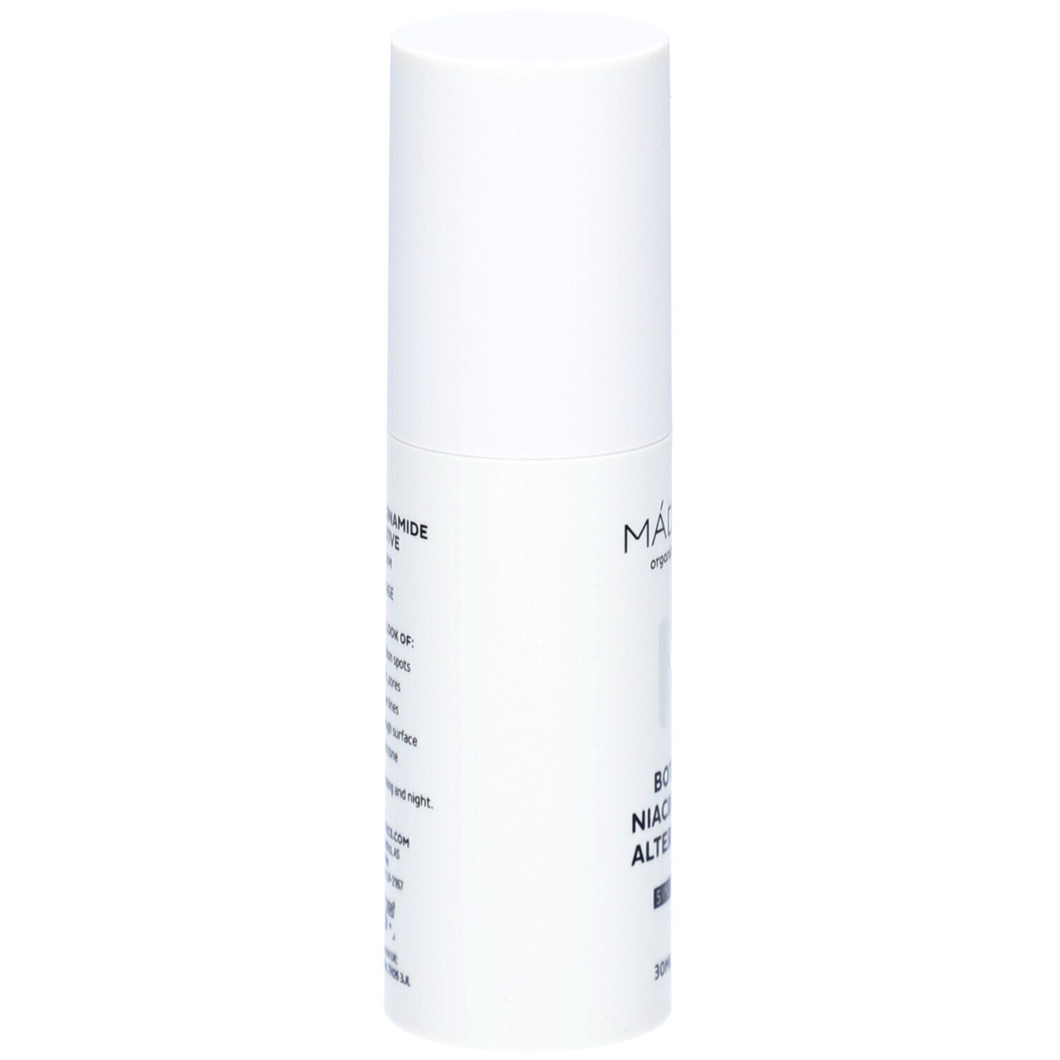 Witte fles met productinformatie. Tekst: Botanic Niacinamide Alternative 5-in-1 Serum. Fabrikantinformatie.