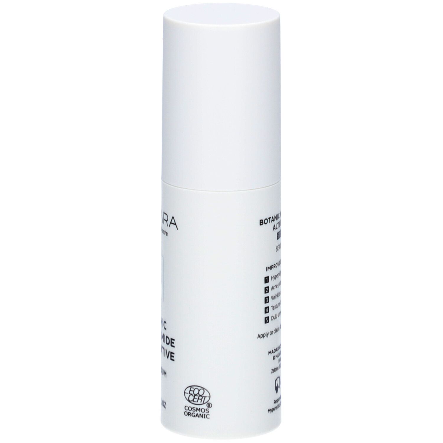 Witte fles met tekst: MÁDARA, Botanic Niacinamide Alternative 5-in-1 Serum. Met cosmetische certificering.