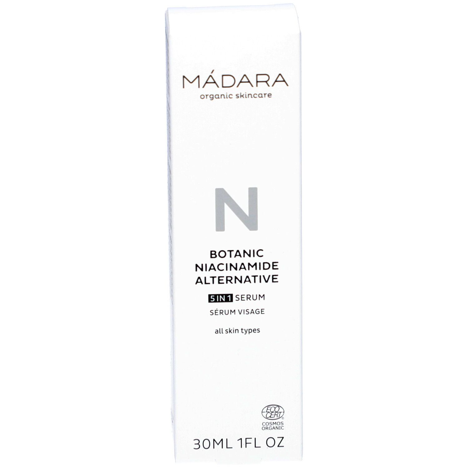 Verpakking met tekst: MÁDARA, Botanic Niacinamide Alternative 5-in-1 Serum. Met cosmetische certificering.