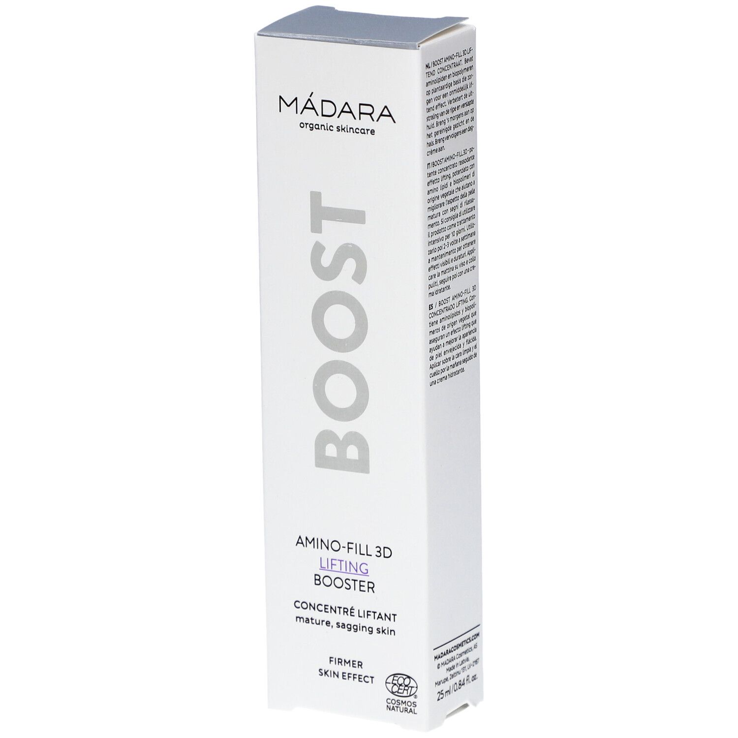 Witte doos met BOOST en AMINO-FILL 3D LIFTING BOOSTER. Merk MÁDARA organic skincare. COSMOS NATURAL certificering zichtbaar.