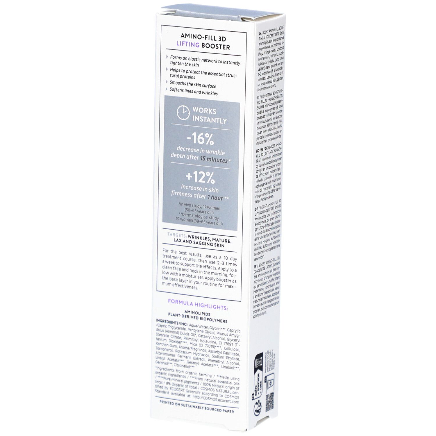 Productverpakking met tekst: AMINO-FILL 3D LIFTING BOOSTER. Informatie over effecten en ingrediënten. Certificeringen.