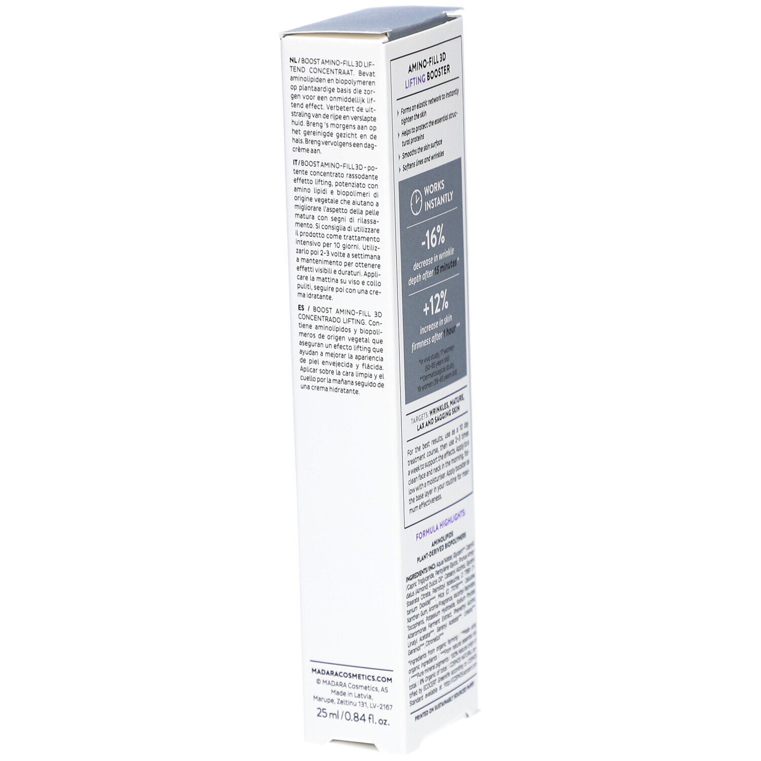 Productverpakking, zijaanzicht. Tekst: AMINO-FILL 3D LIFTING BOOSTER. Informatie over ingrediënten en fabrikant.